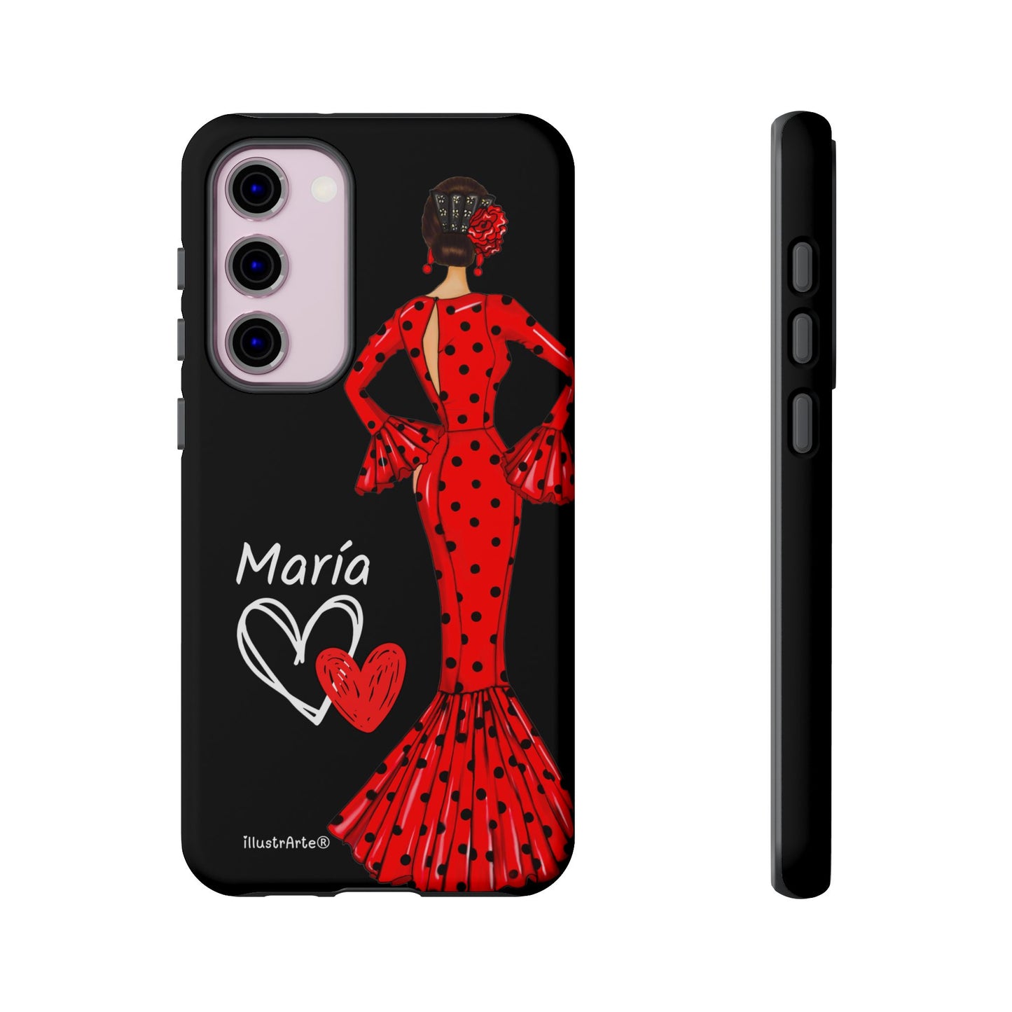 Capa de celular personalizável com nome/bandeira/Virgem - modelo Red Maria com cabelo escuro, fundo preto, para iPhone, Samsung e Google Pixel