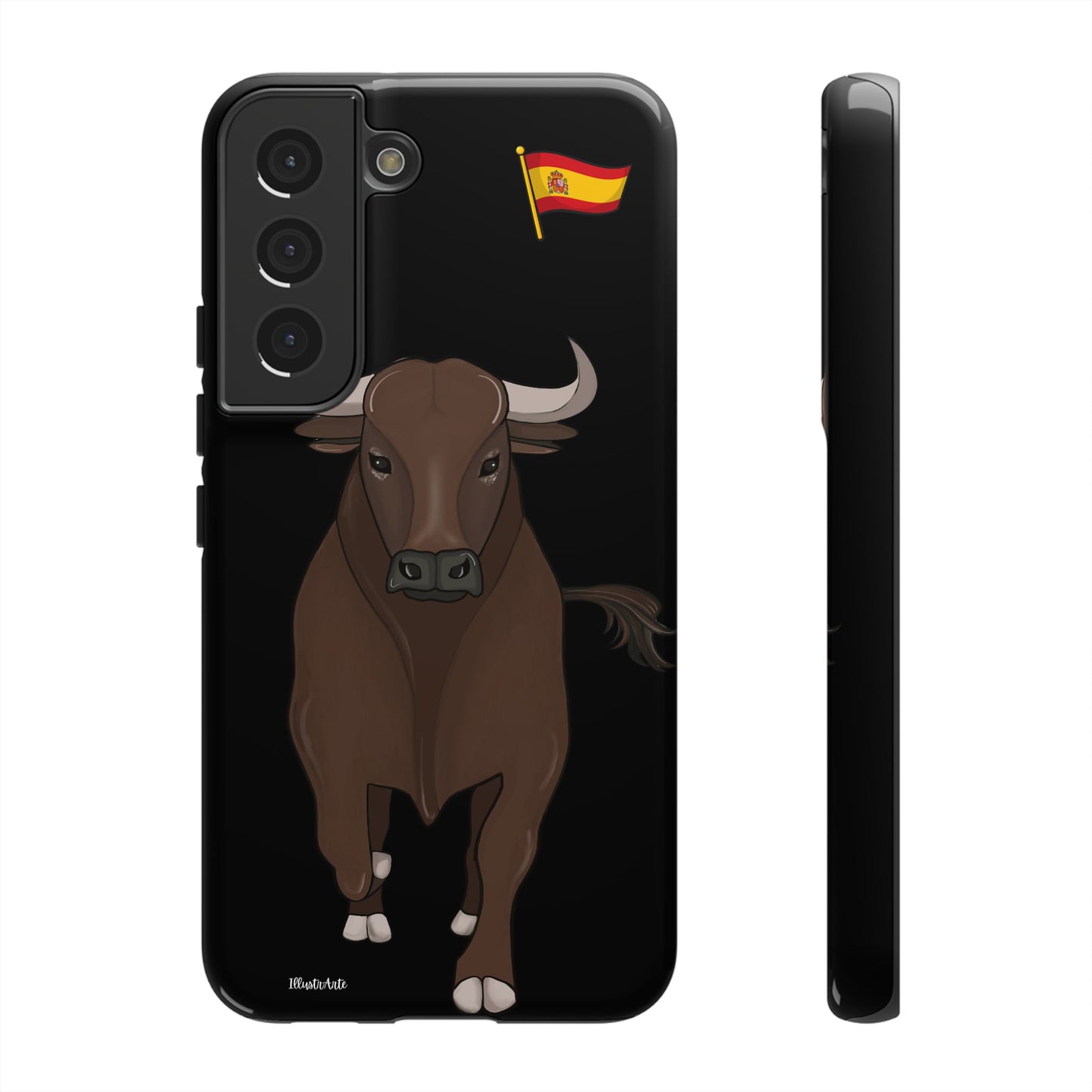 Funda de teléfono toro Manuel con detalles en relieve, mostrando su calidad.