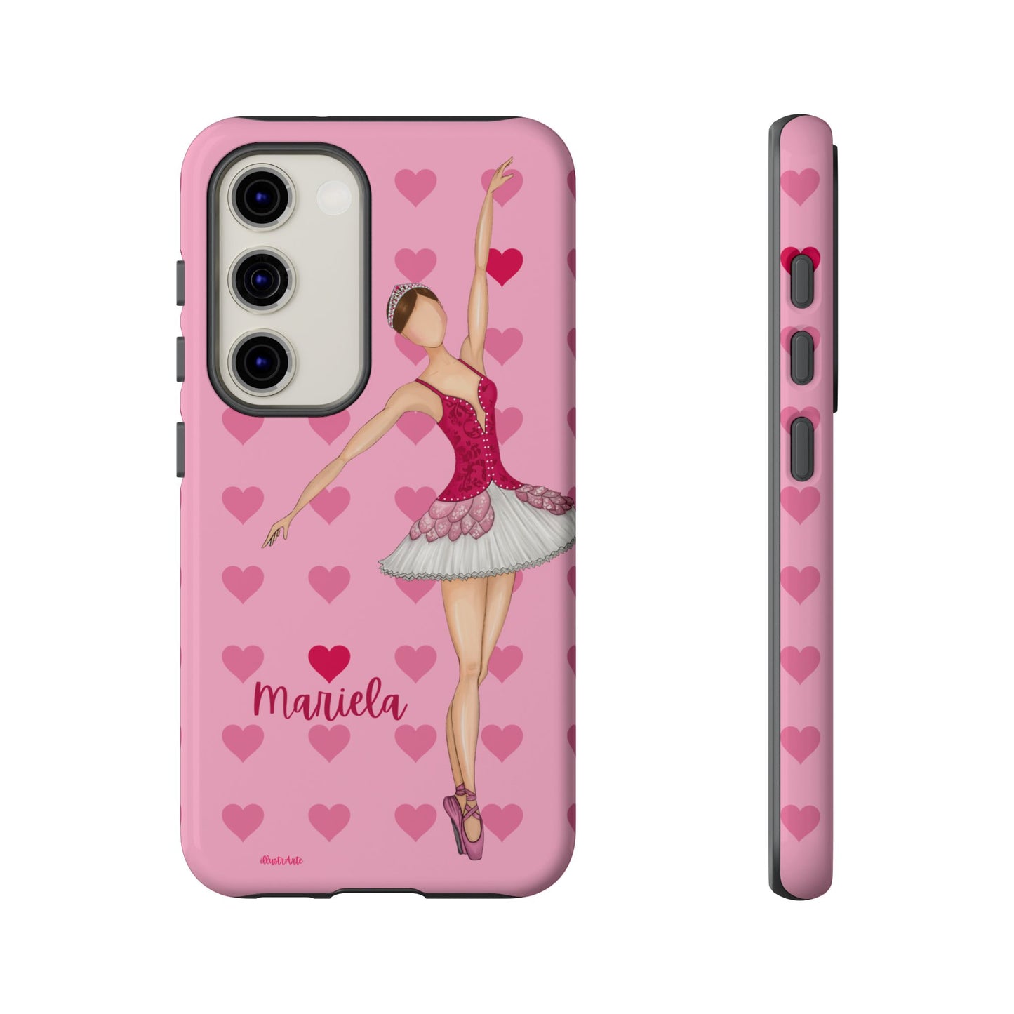 una funda de teléfono rosa con una imagen de una bailarina