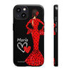 Funda de teléfono personalizable María rojo pelo oscuro fondo negro – para iPhone, Samsung, Pixel
