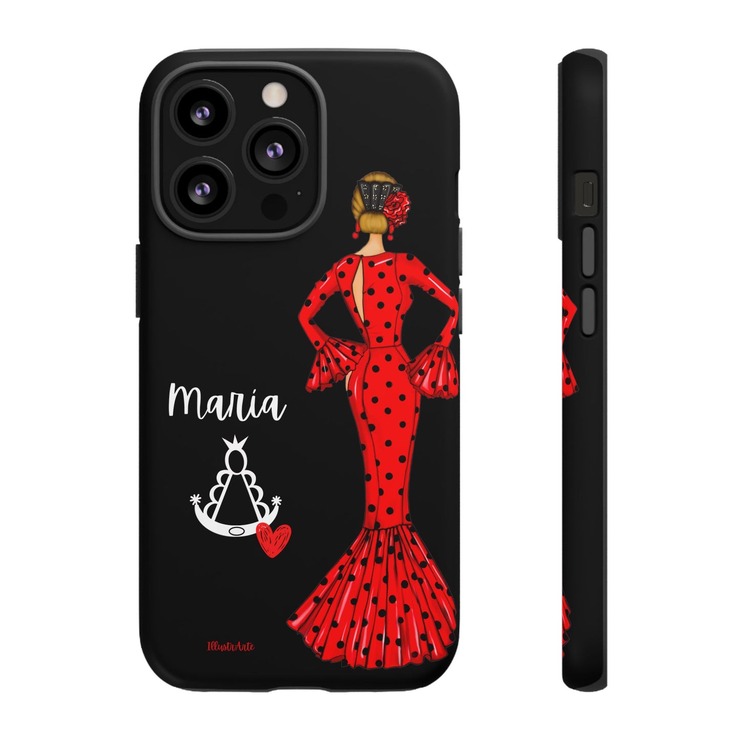 una funda de teléfono con una mujer en un vestido rojo