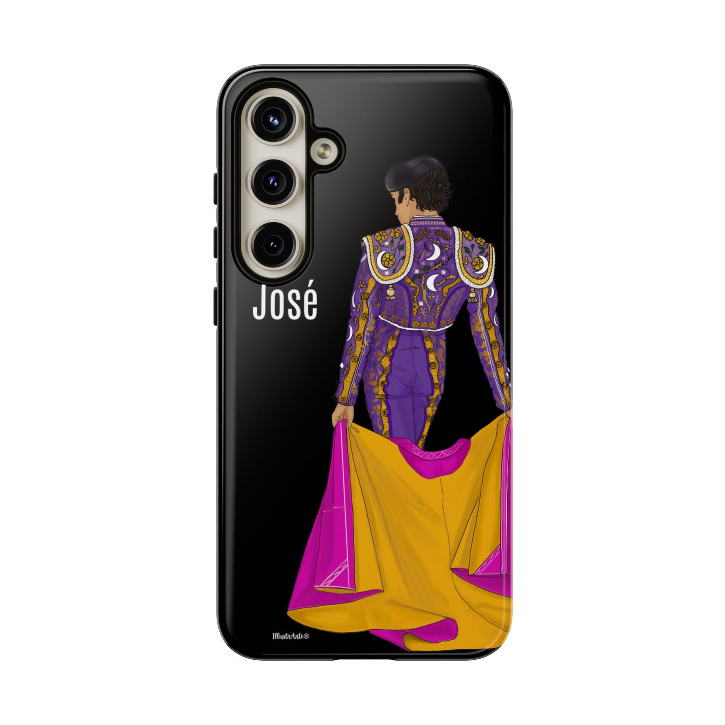 una funda de teléfono con un dibujo de una mujer en un traje morado y amarillo