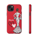 Funda de móvil personalizable Flamenca María Blanco Fondo Rojo con Corazones para iPhone 14 Plus, acabado mate – illustrArte