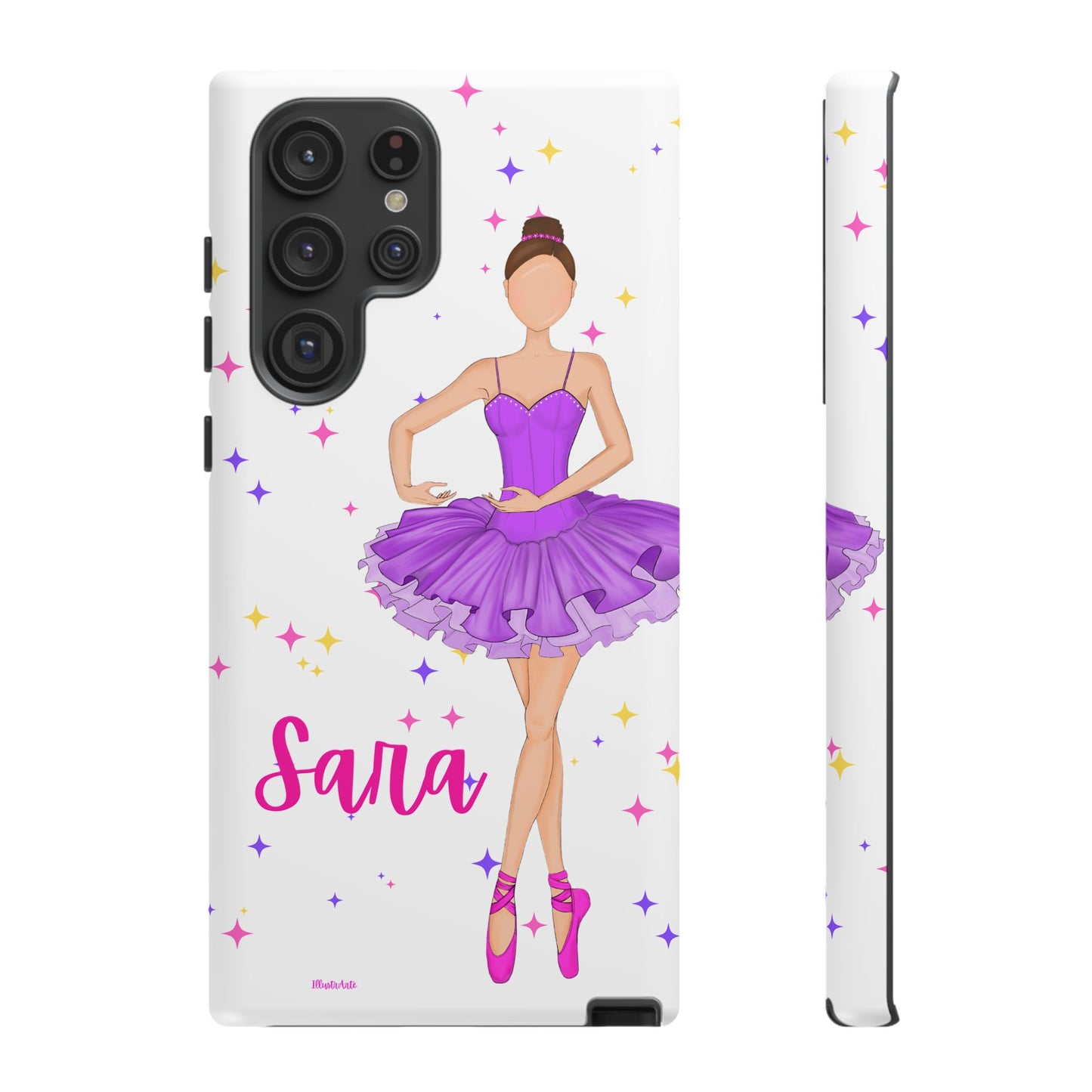 una funda de teléfono con una bailarina púrpura en ella