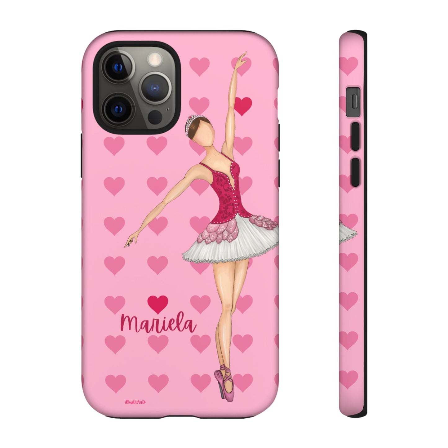 una funda de teléfono rosa con una bailarina en ella