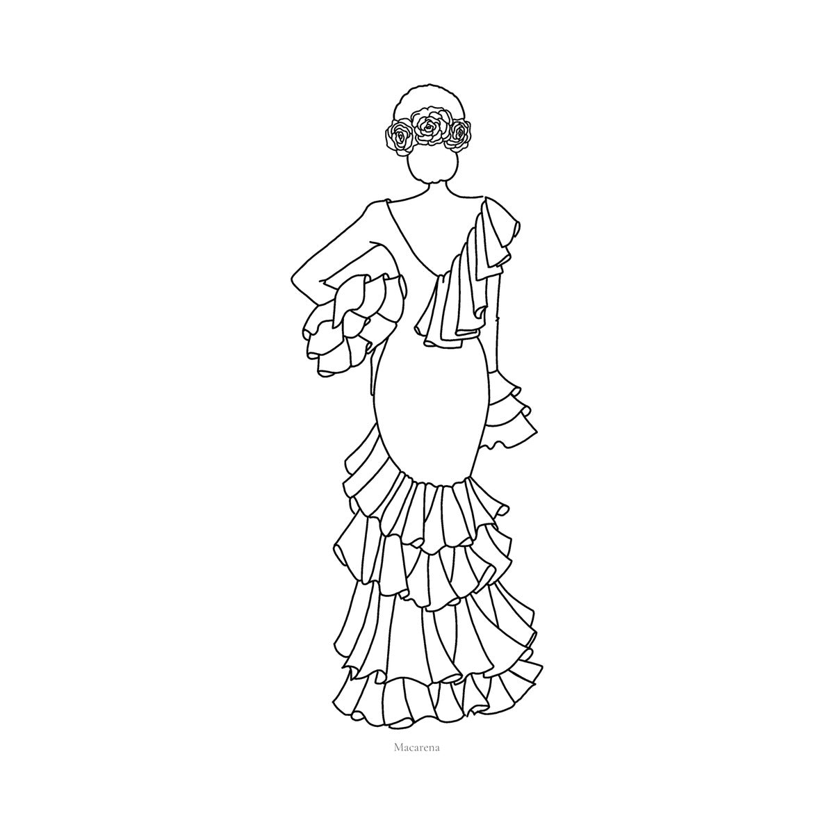 Página del cuaderno: flamenca con traje de cola lista para colorear