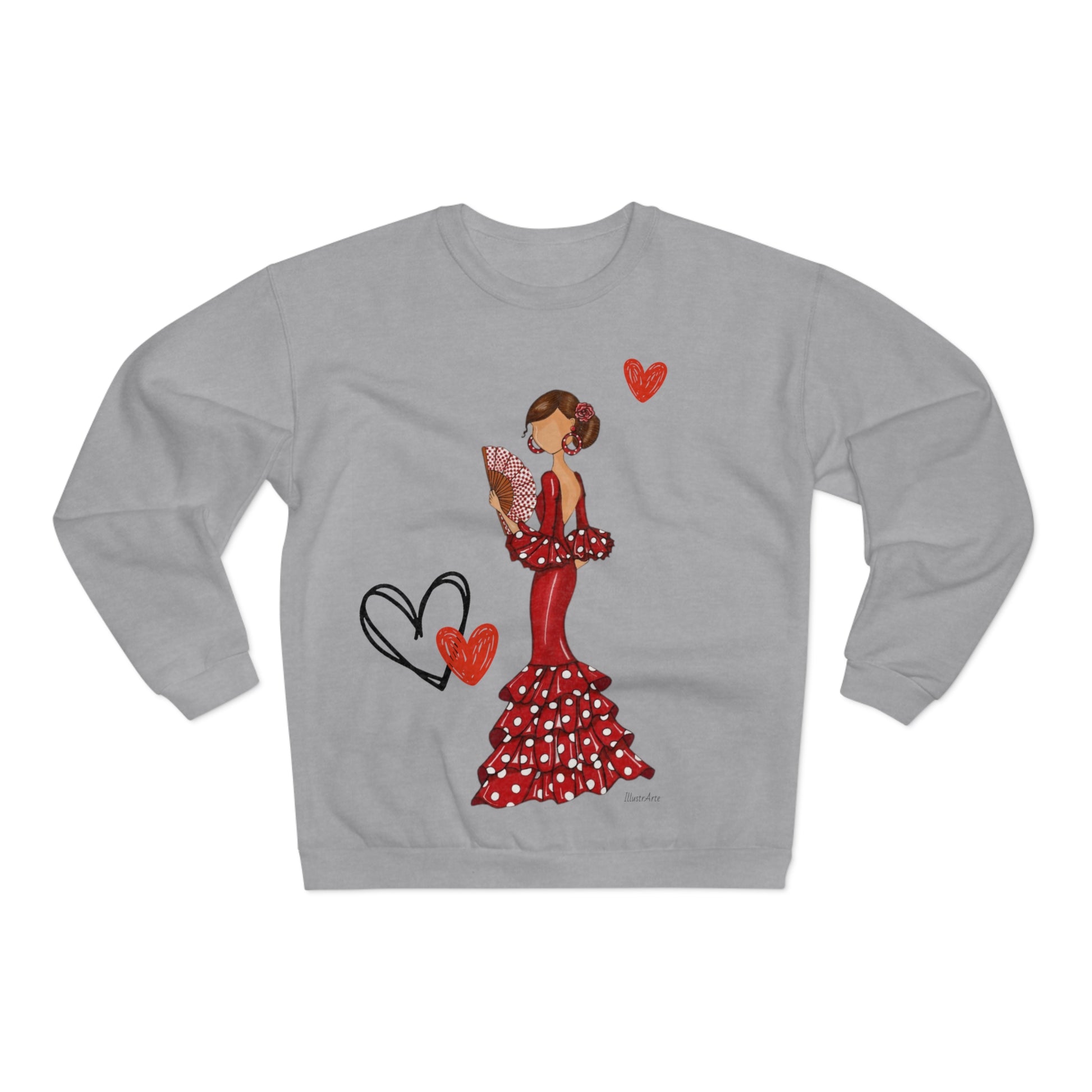 a women's sweatshirt with a woman in a polka dot dress holding a heart