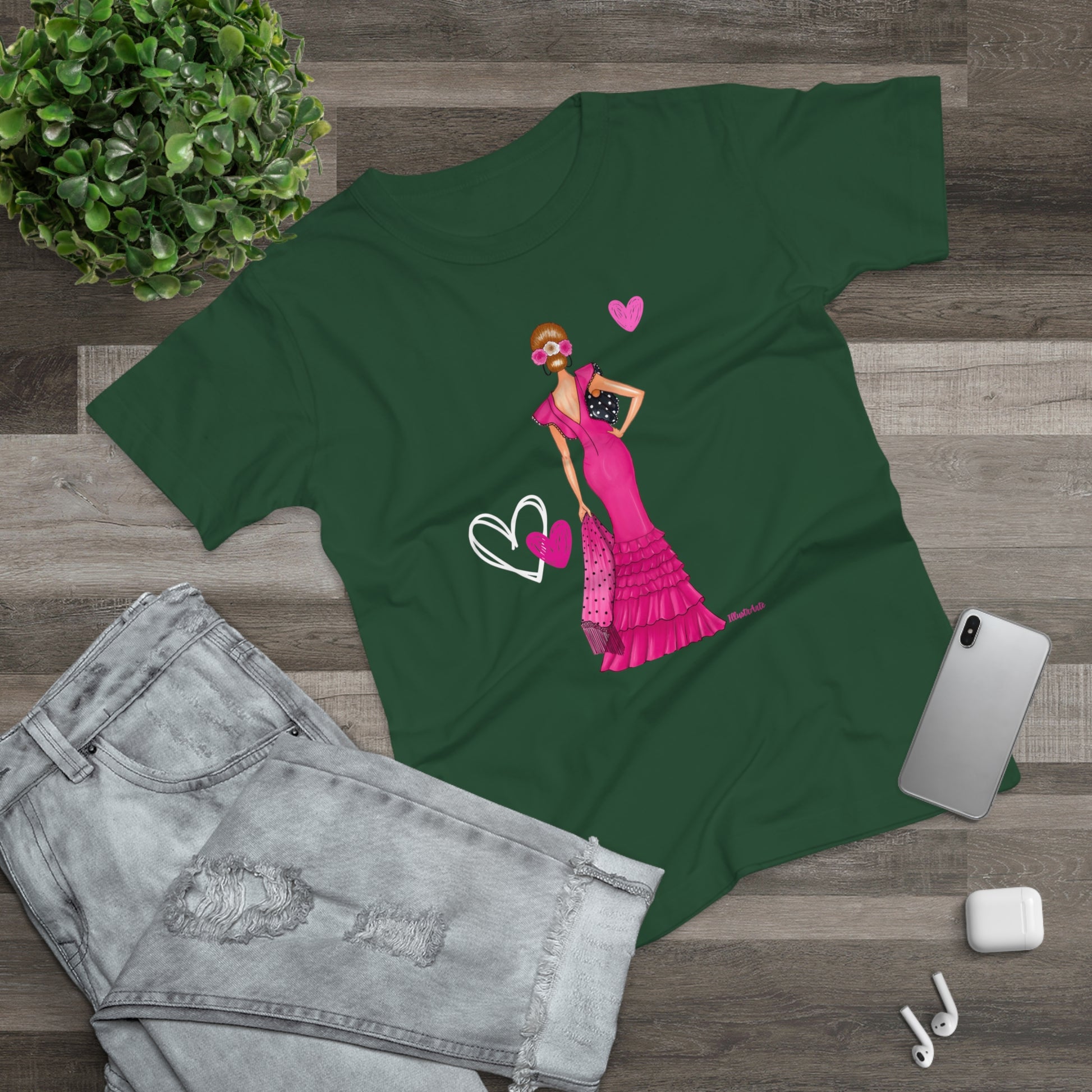 a green t - shirt with a woman in a pink dress