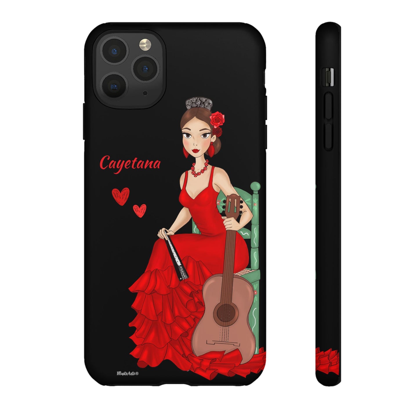 una funda de teléfono con una mujer en un vestido rojo sosteniendo una guitarra