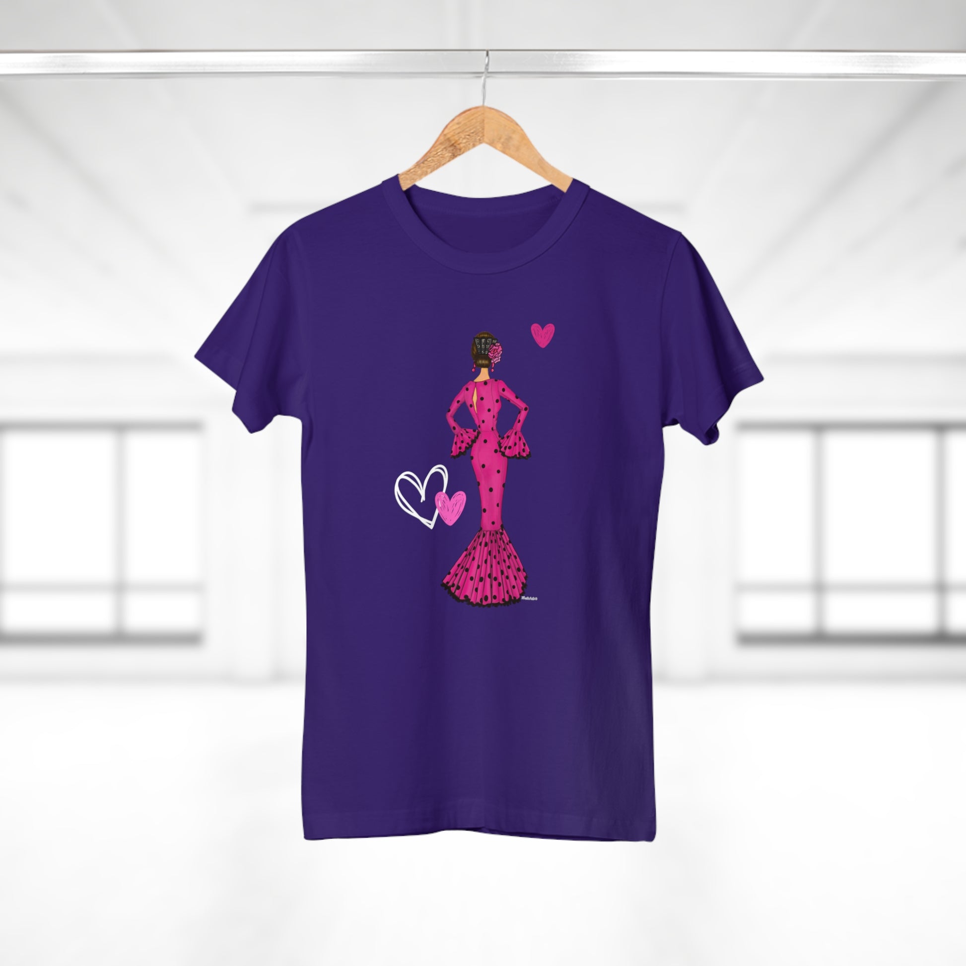 a purple t - shirt with a woman in a pink dress holding a heart