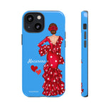 Personalised phone case flamenco dancer Macarena, blue background for iPhone 13 Mini, gloss finish – illustrArte