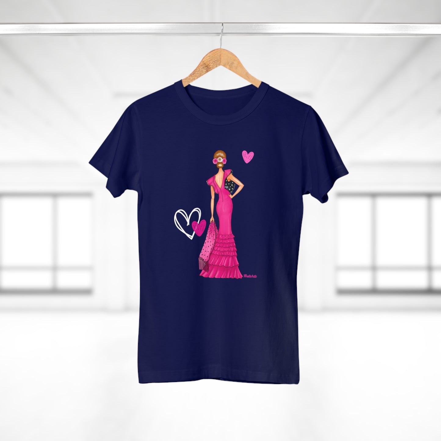 a t - shirt with a picture of a woman in a pink dress