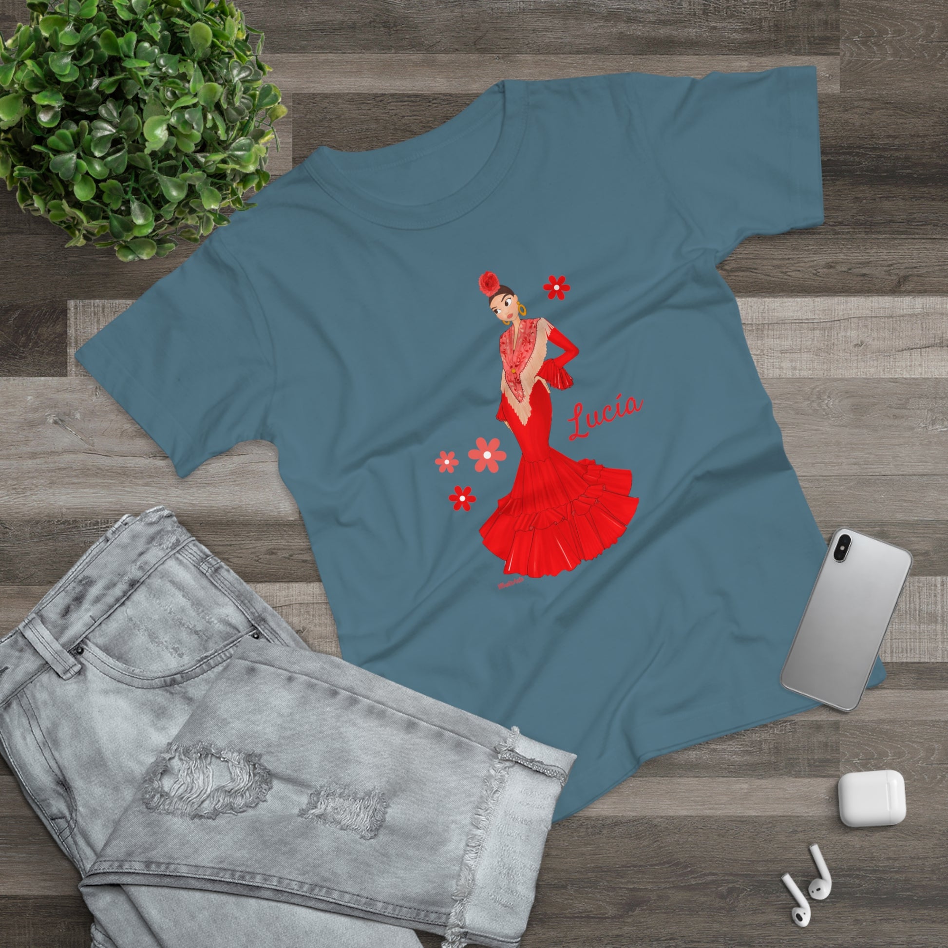 a t - shirt with a picture of a woman in a red dress