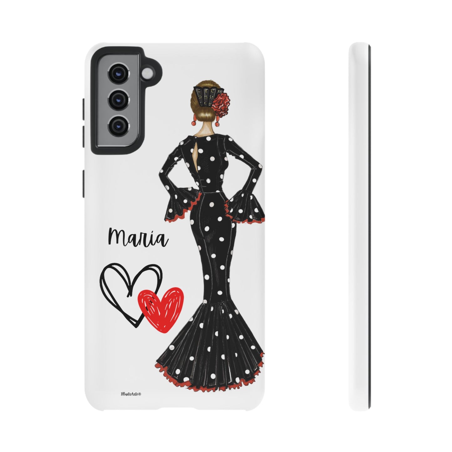 una funda para teléfono con una mujer en un vestido