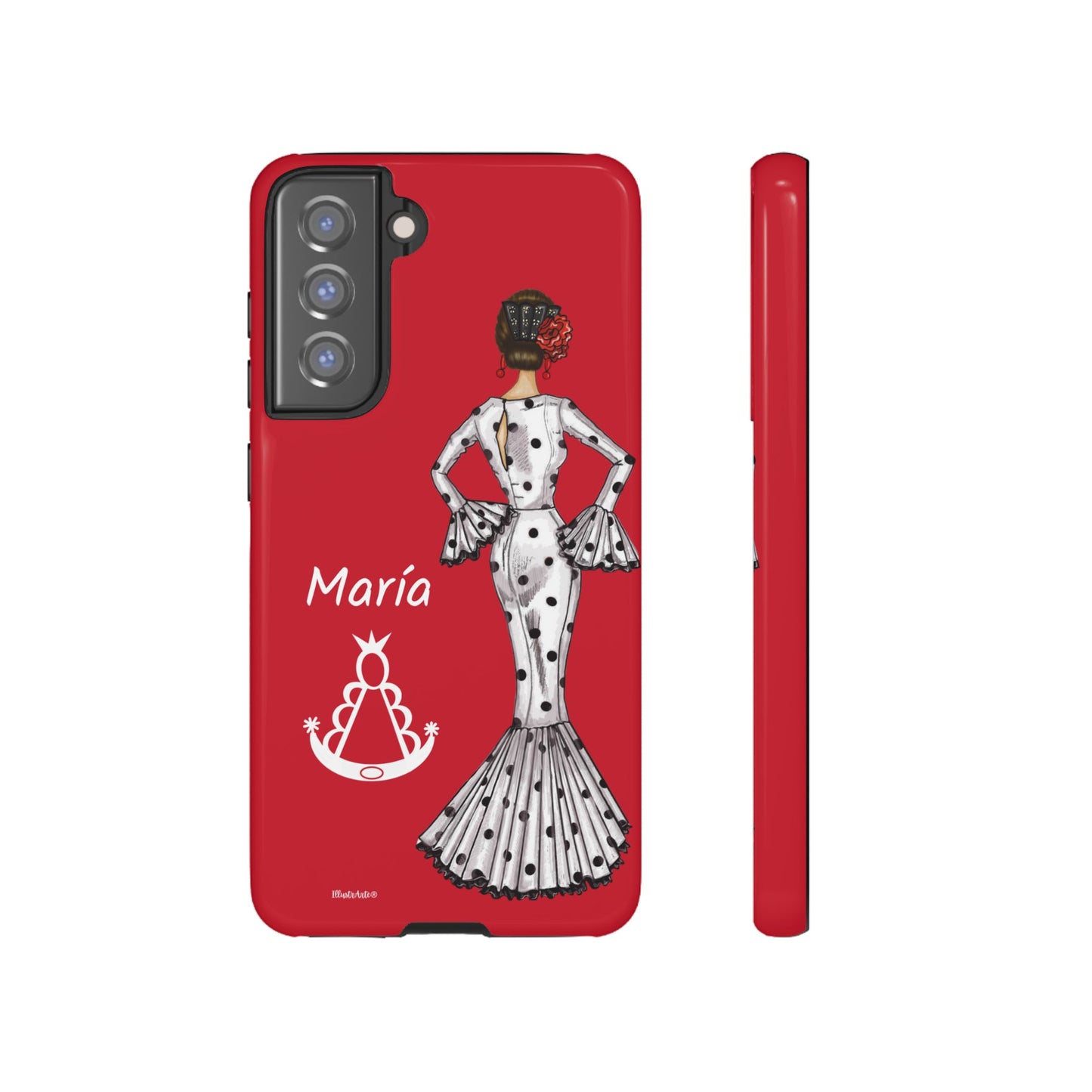 una funda de teléfono roja con una imagen de una mujer en un vestido