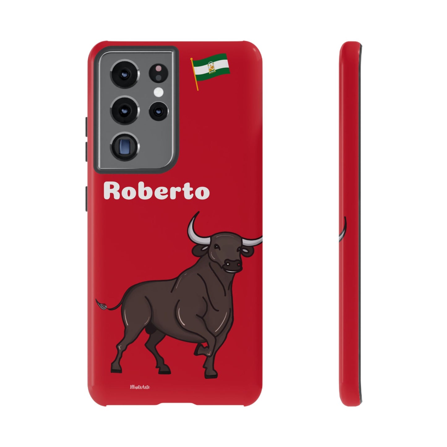 una funda de teléfono roja con un toro en ella