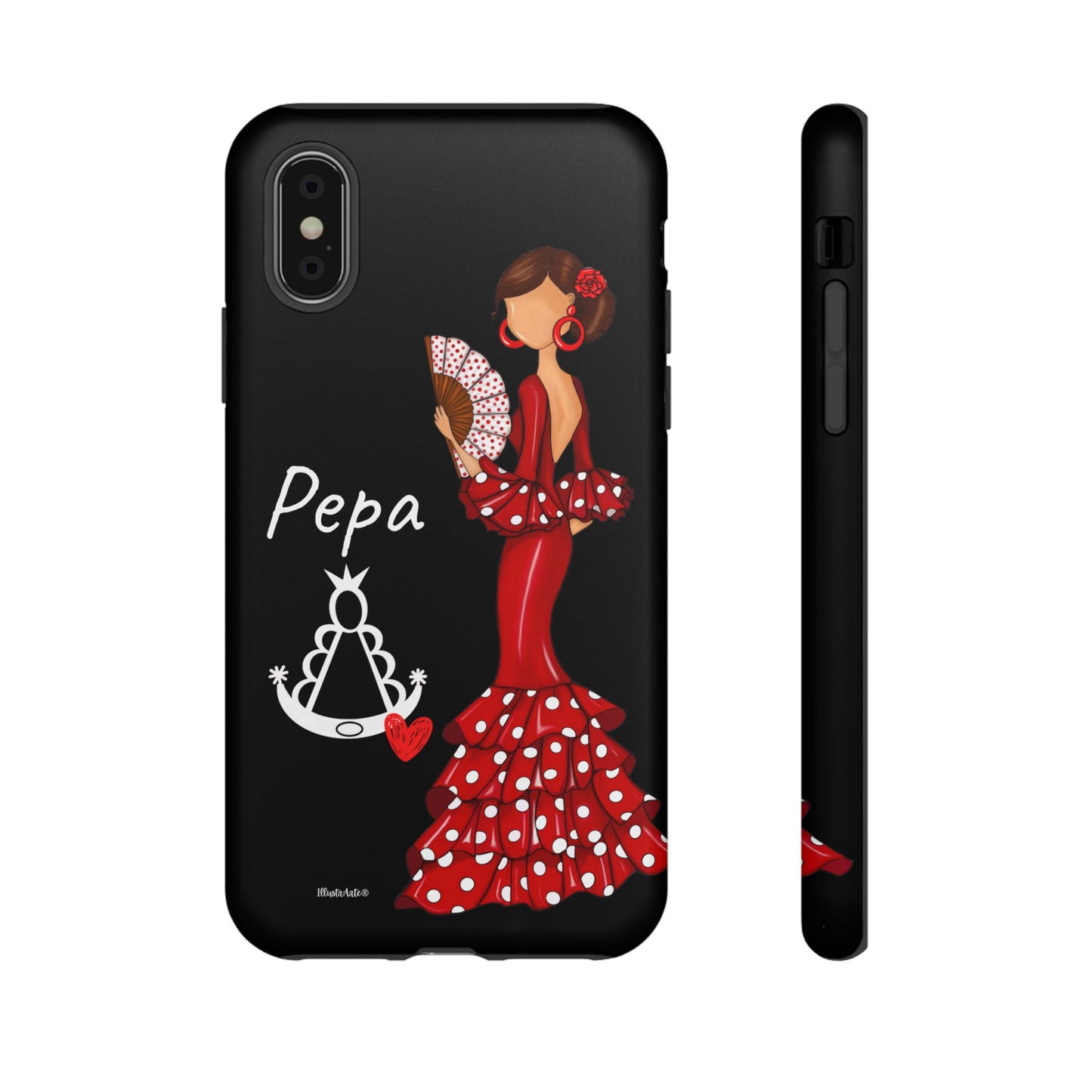 una funda de teléfono con una mujer en un vestido rojo