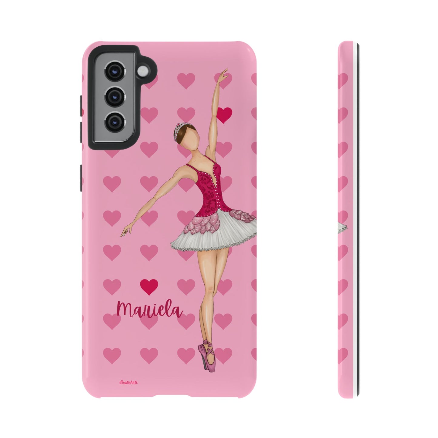 una funda de teléfono rosa con una bailarina en ella