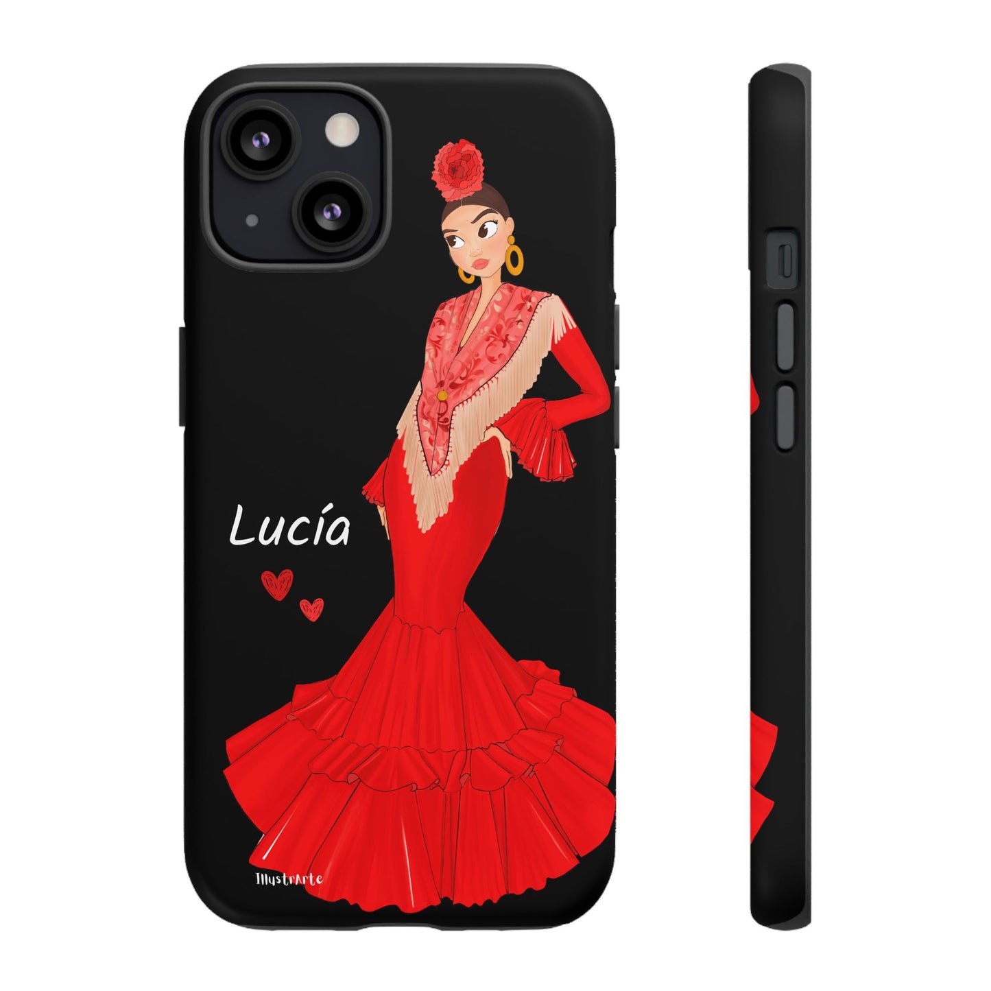 una funda de teléfono con una mujer en un vestido rojo