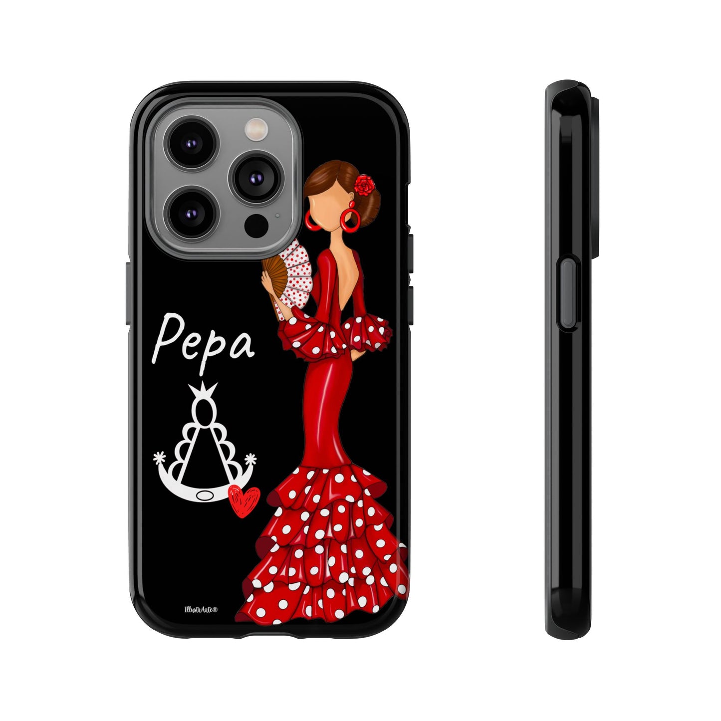 una funda de teléfono con una mujer en un vestido rojo