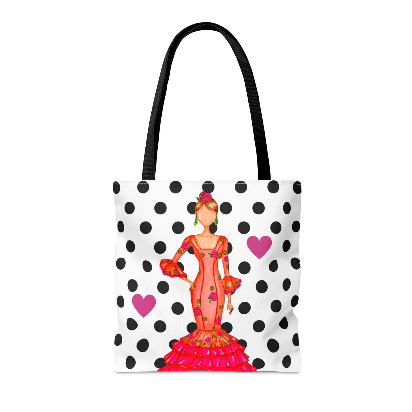 a tote bag with a woman in a polka dot dress