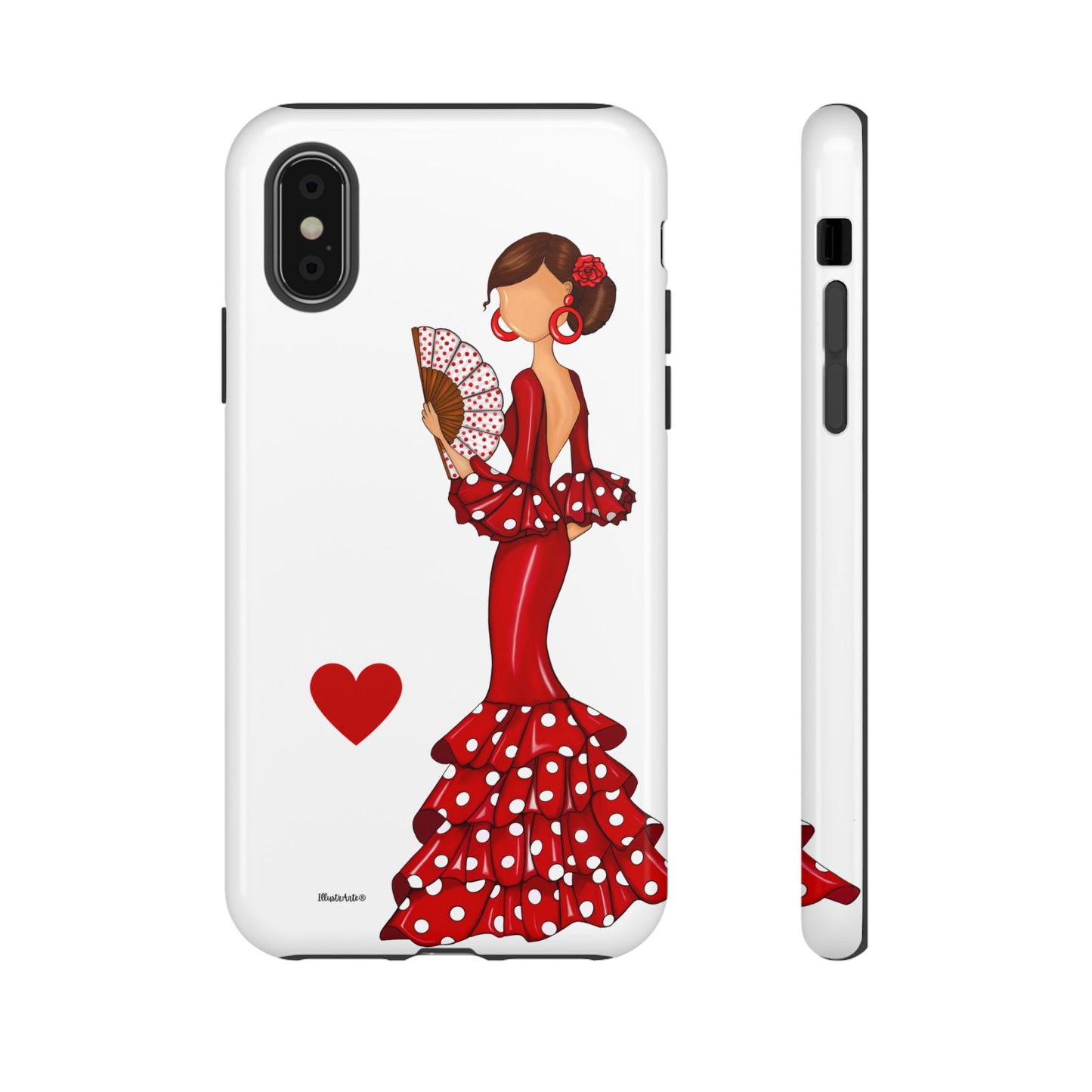 una funda de teléfono con una mujer en un vestido rojo sosteniendo un abanico