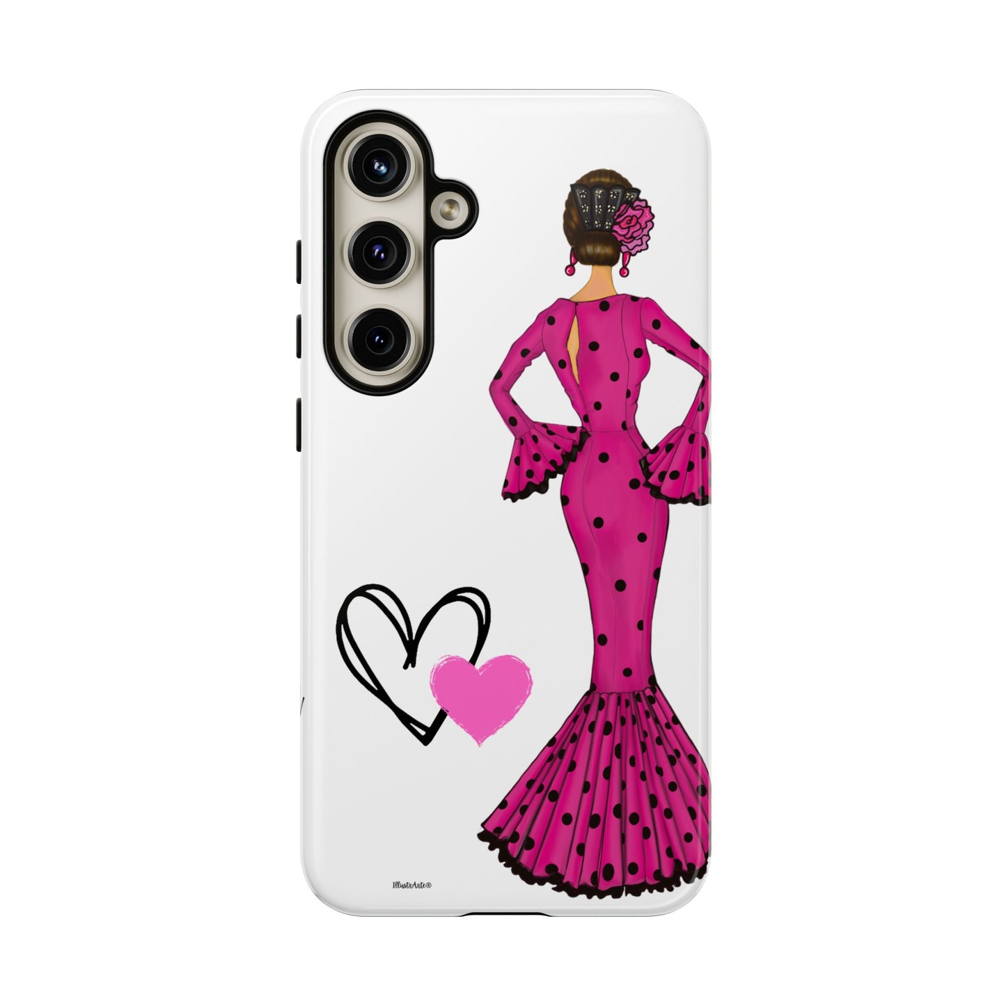 una funda de teléfono con una mujer en un vestido rosa