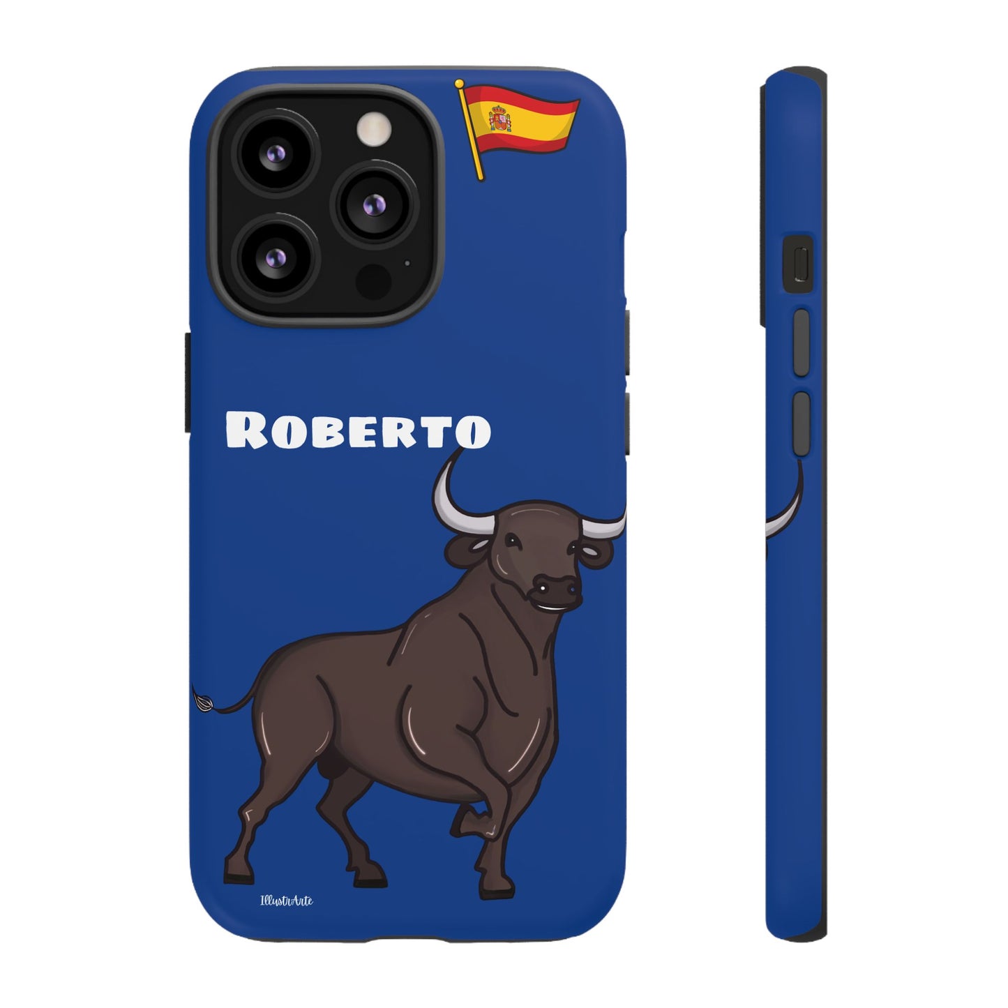 una funda de teléfono azul con un toro en ella