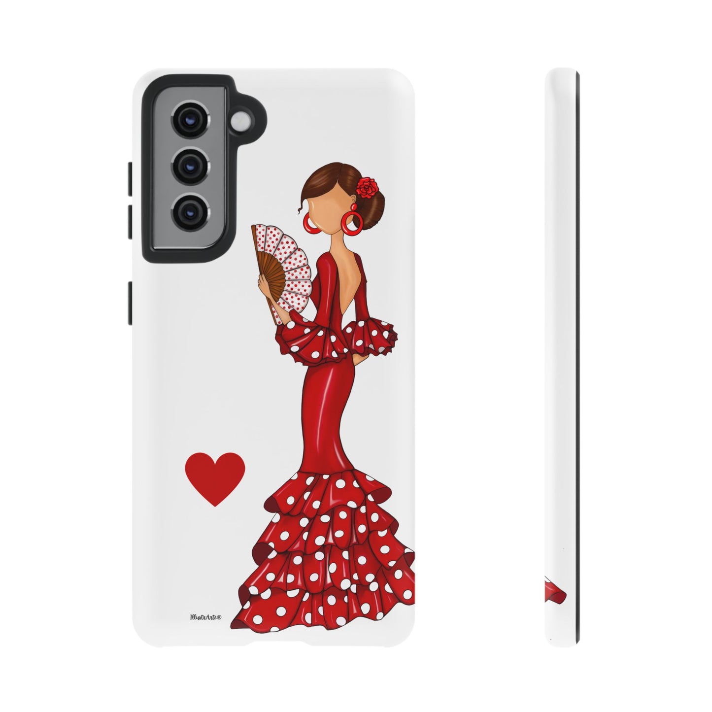 una funda de teléfono con una mujer en un vestido rojo