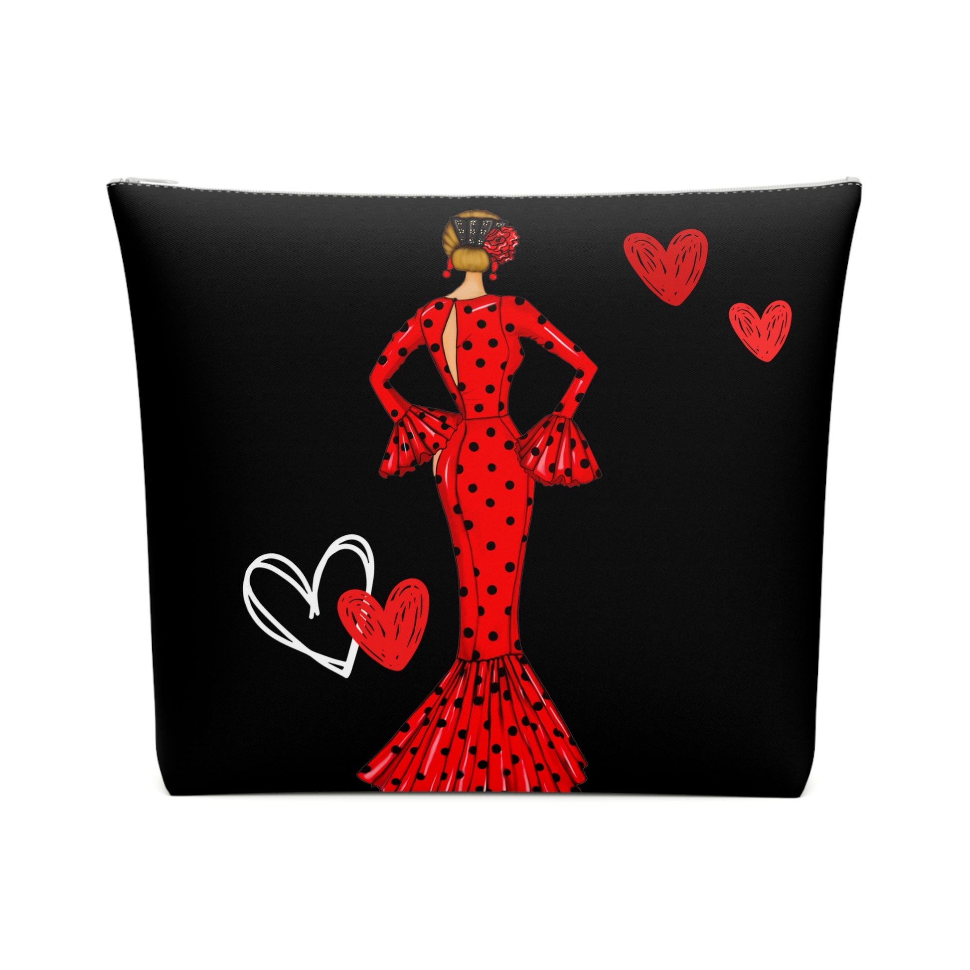 a woman in a red dress with hearts on a black background