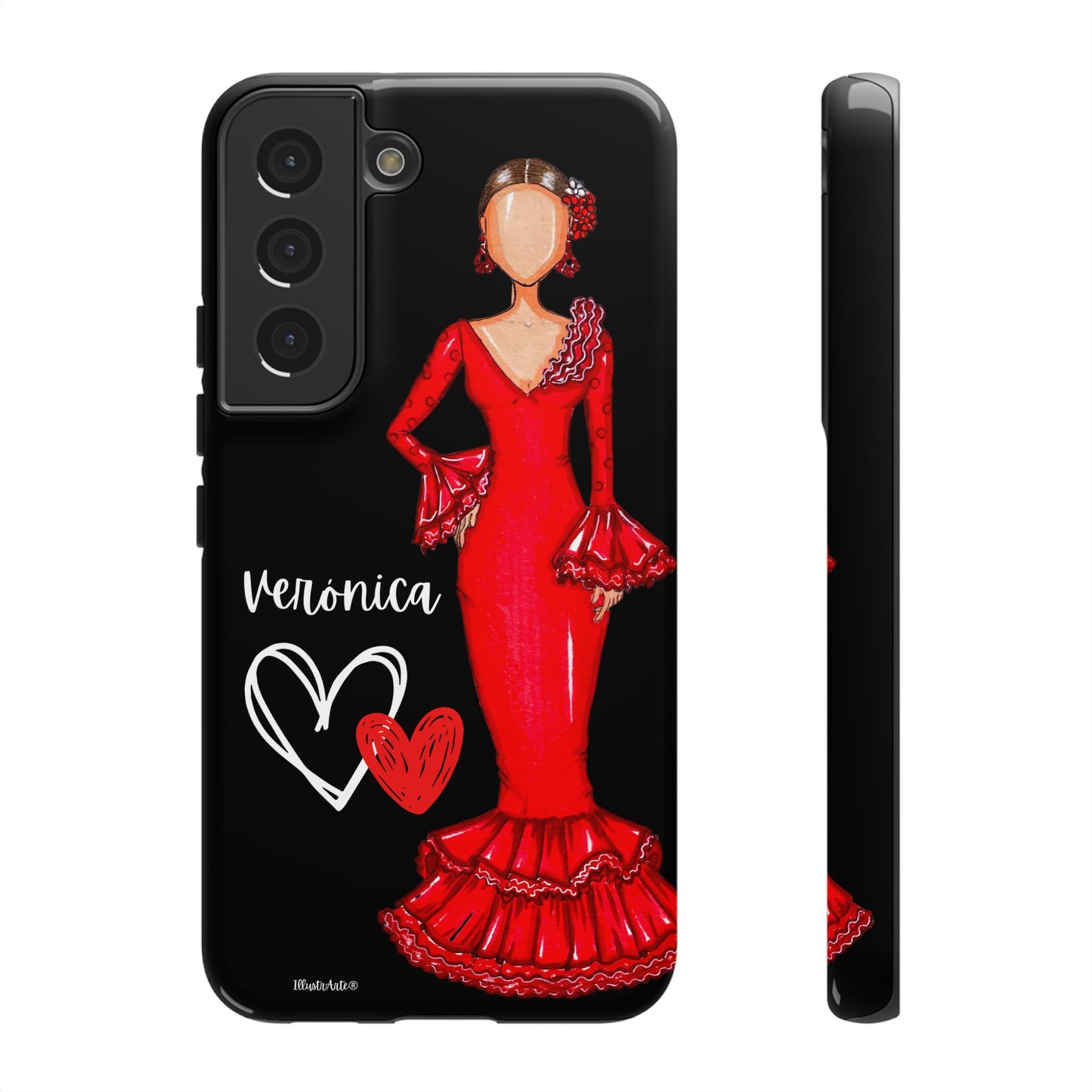 una funda de teléfono con una imagen de una mujer con un vestido rojo