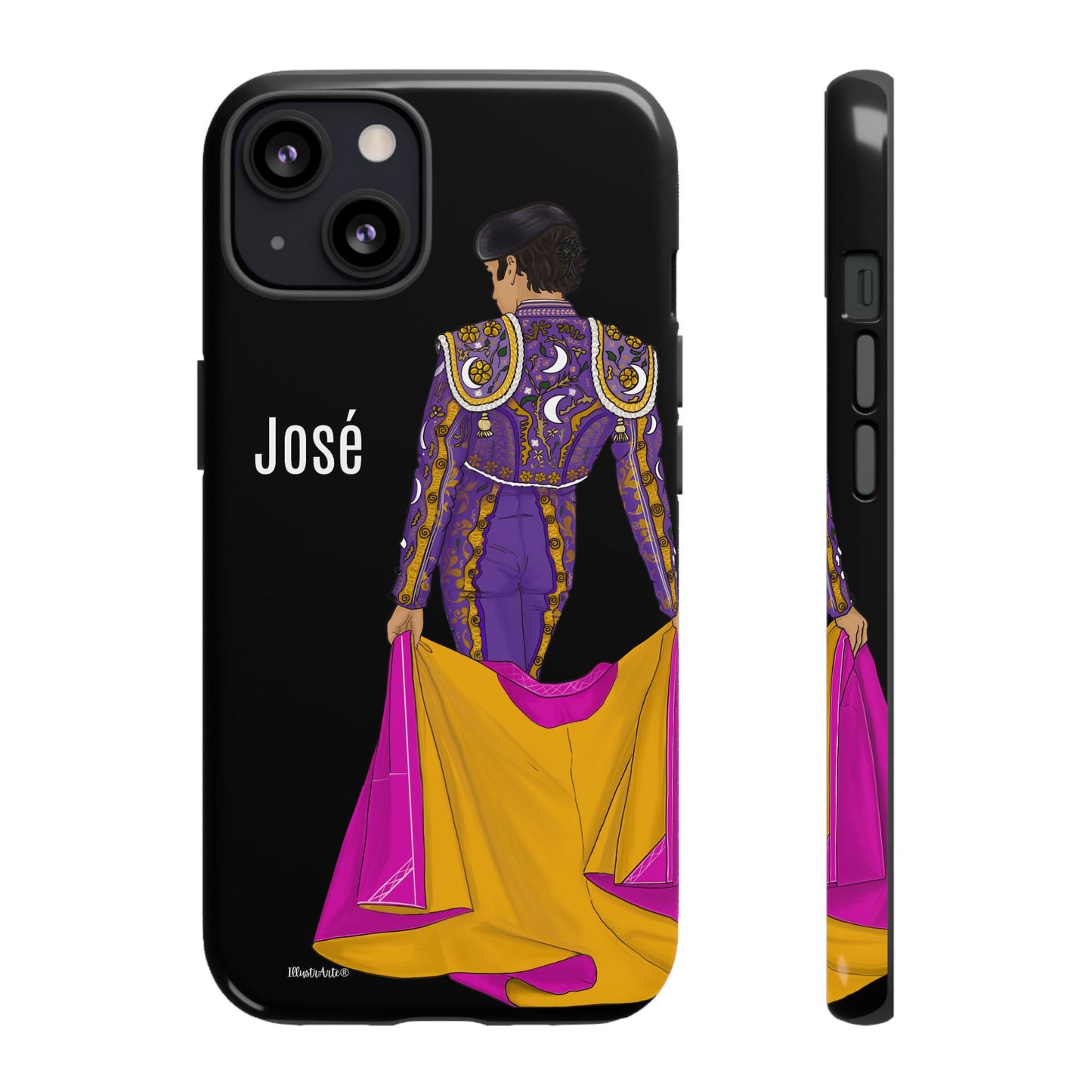 una funda de teléfono con un dibujo de un hombre en un traje morado y amarillo