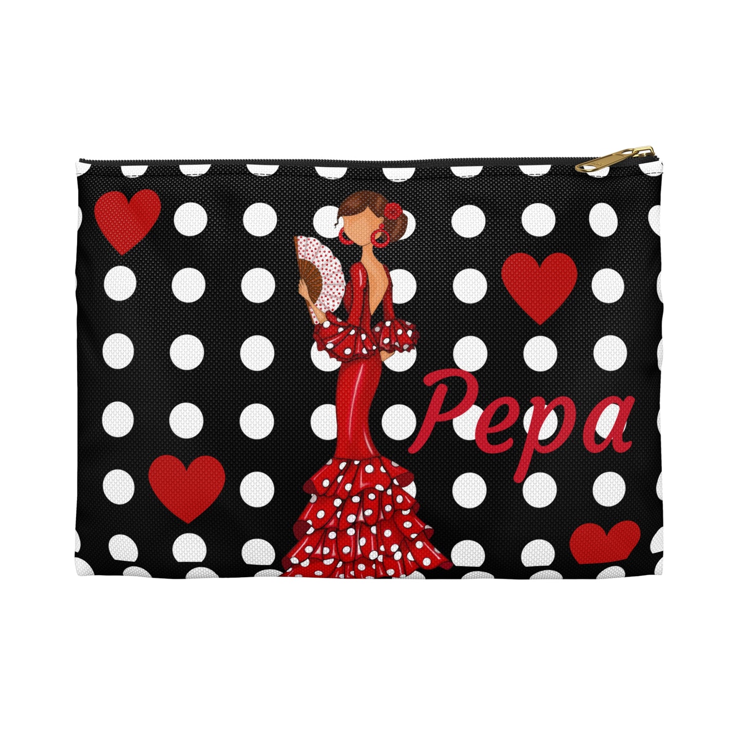 a black and white polka dot purse with a lady in a red dress