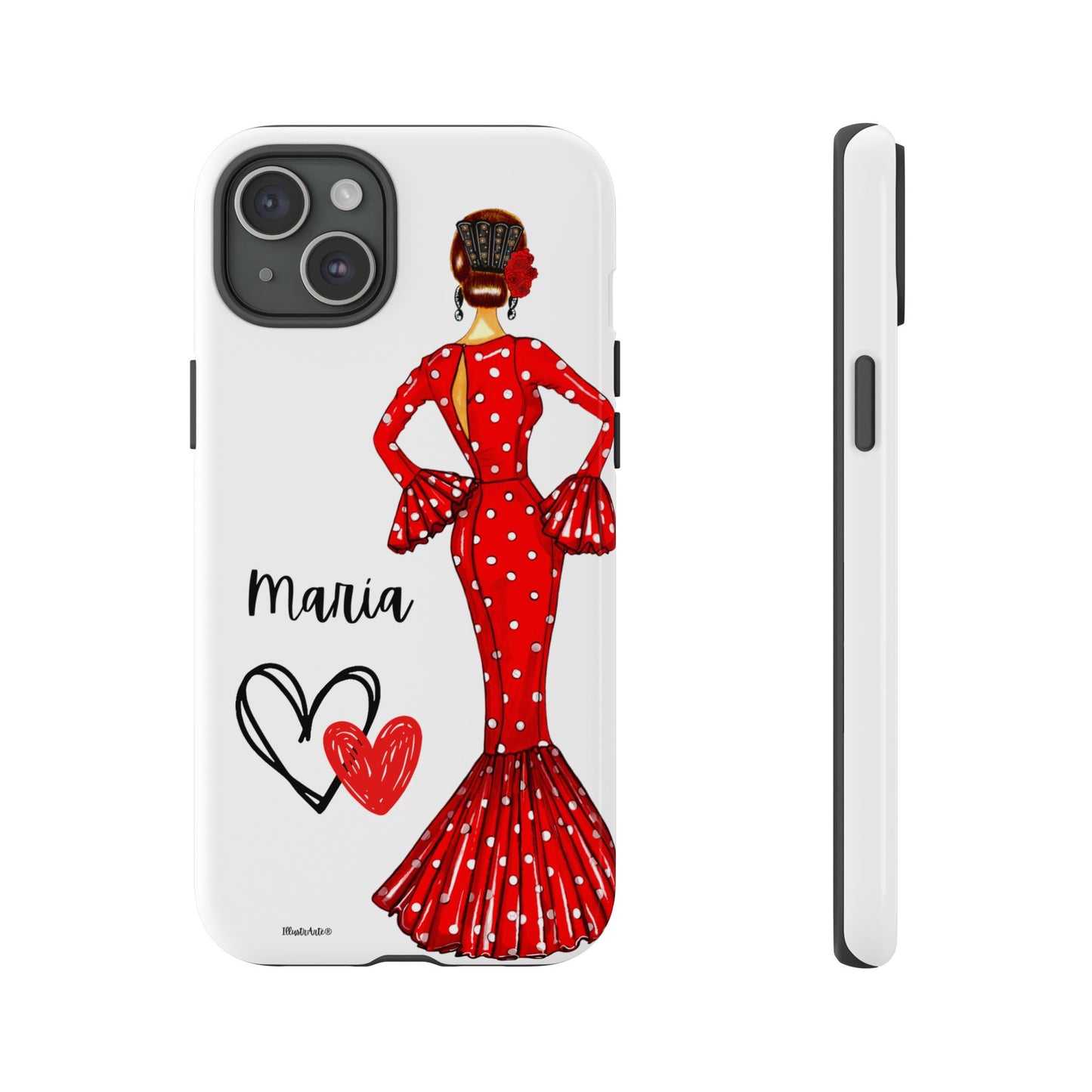 una funda de teléfono con una mujer en un vestido rojo