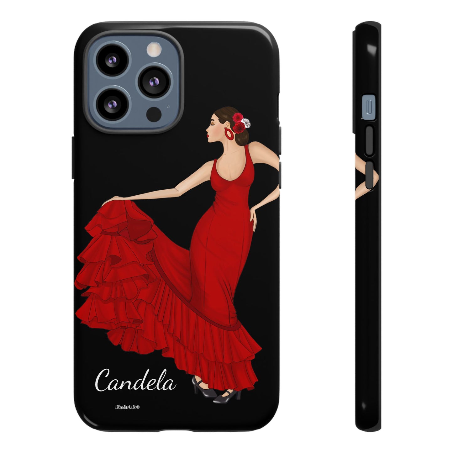 una funda de teléfono con una imagen de una mujer en un vestido rojo