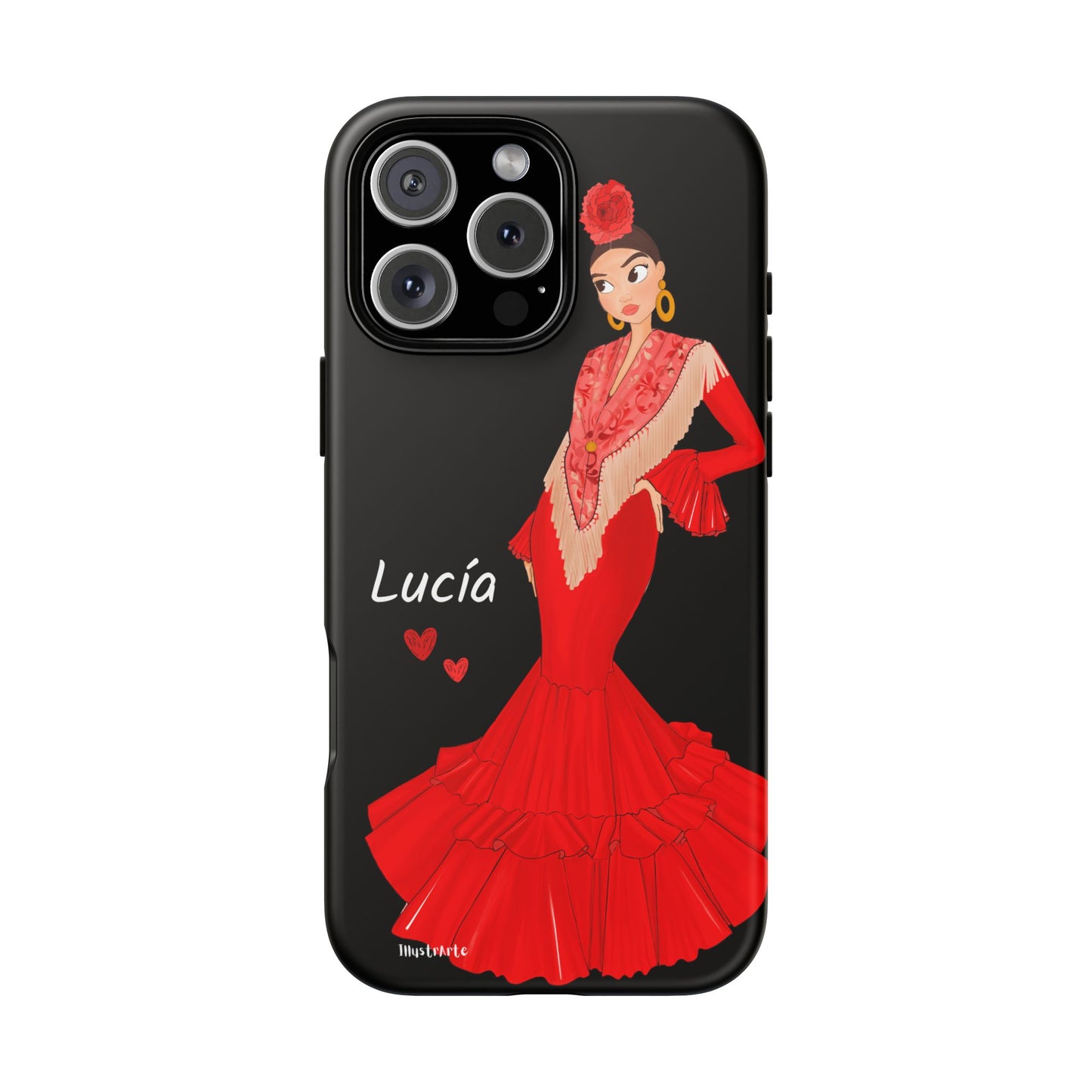 una funda de teléfono con una mujer en un vestido rojo