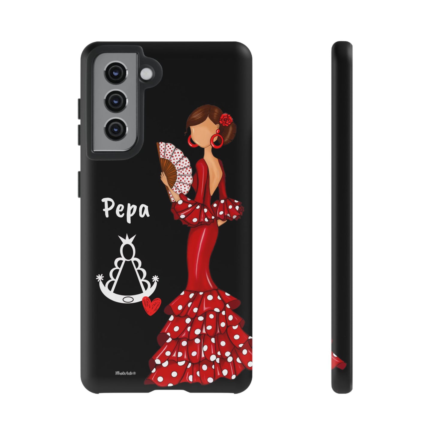 Personalized Pepa phone case on a black background with the Virgin Mary – for iPhone, Samsung, Pixel