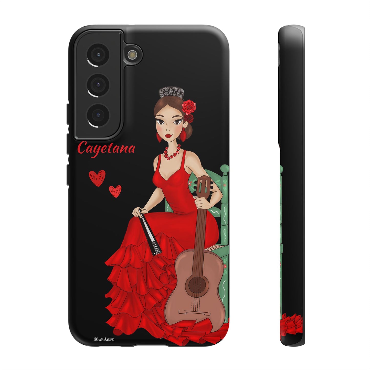 una funda de teléfono con una mujer en un vestido rojo sosteniendo una guitarra