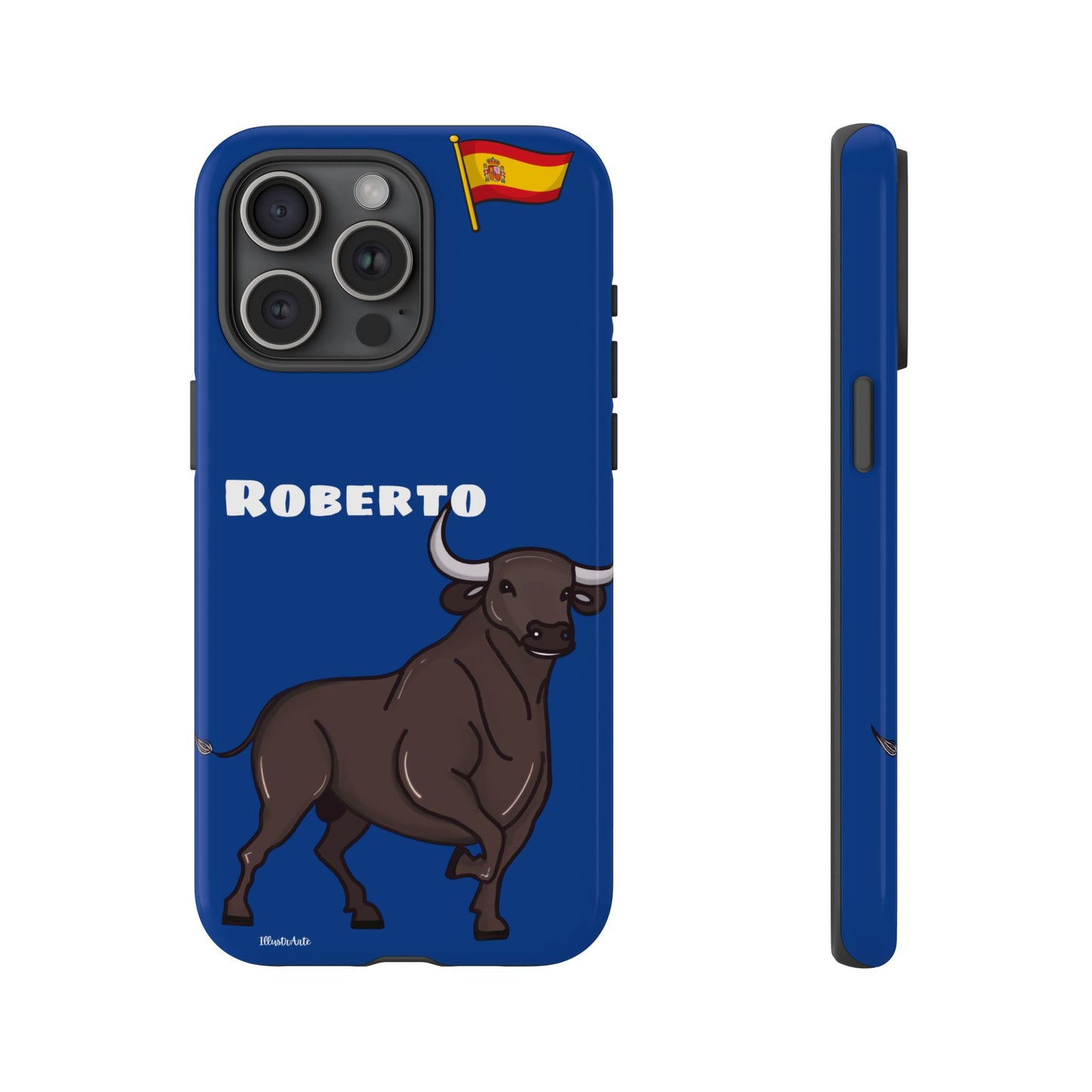 Funda de teléfono personalizable con nombre/bandera/Virgen - Modelo Toro Roberto, ideal para cualquier modelo de teléfono.