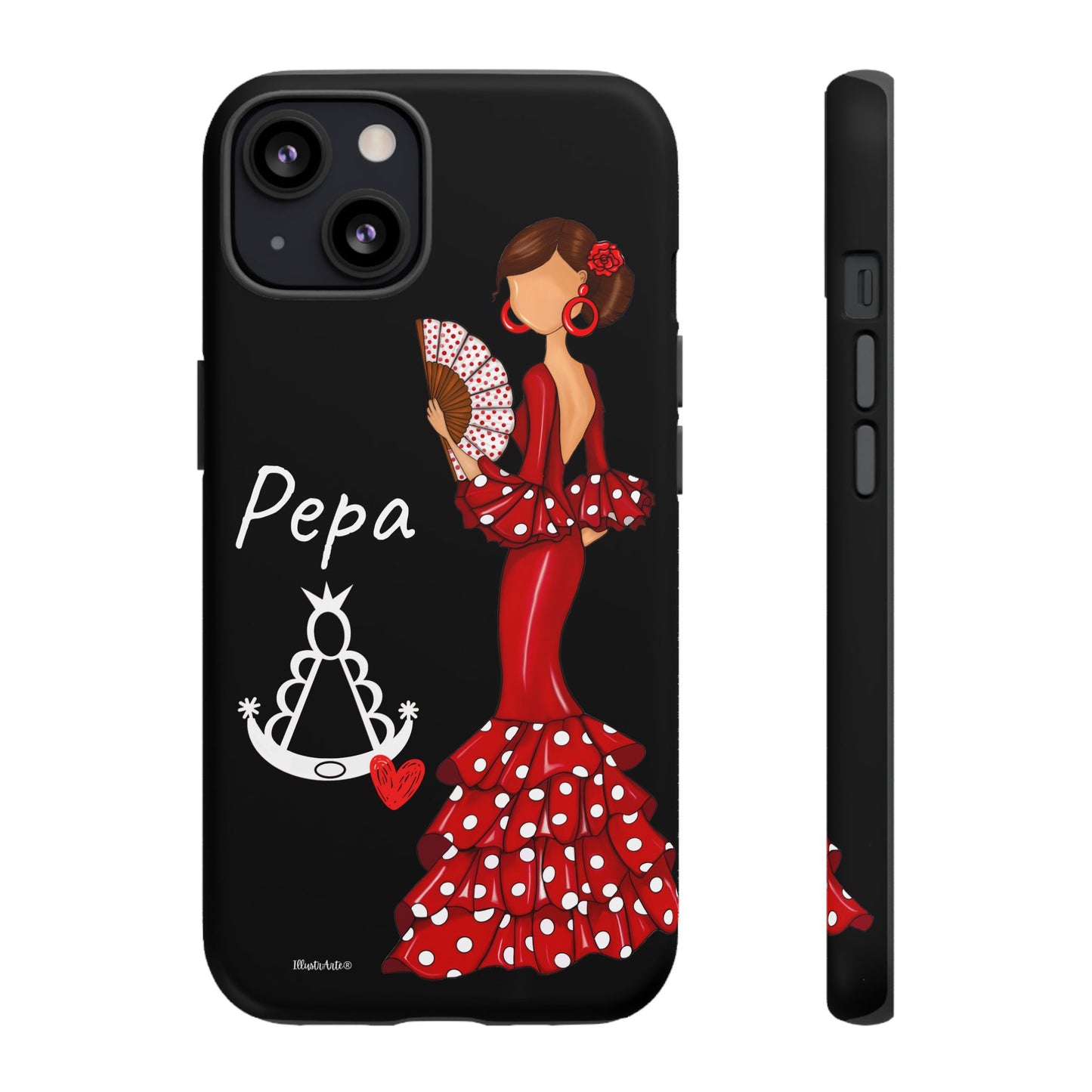 una funda de teléfono con una mujer en un vestido rojo