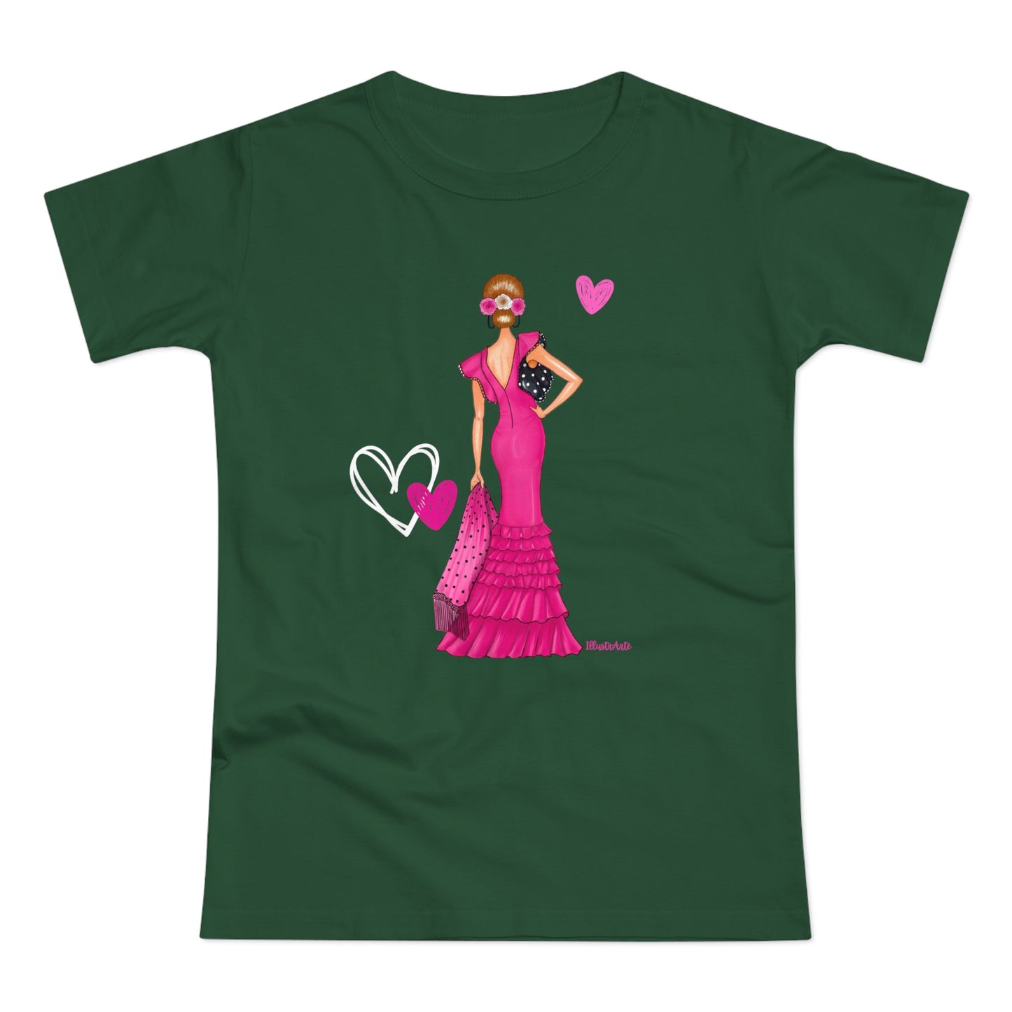 a green t - shirt with a woman in a pink dress