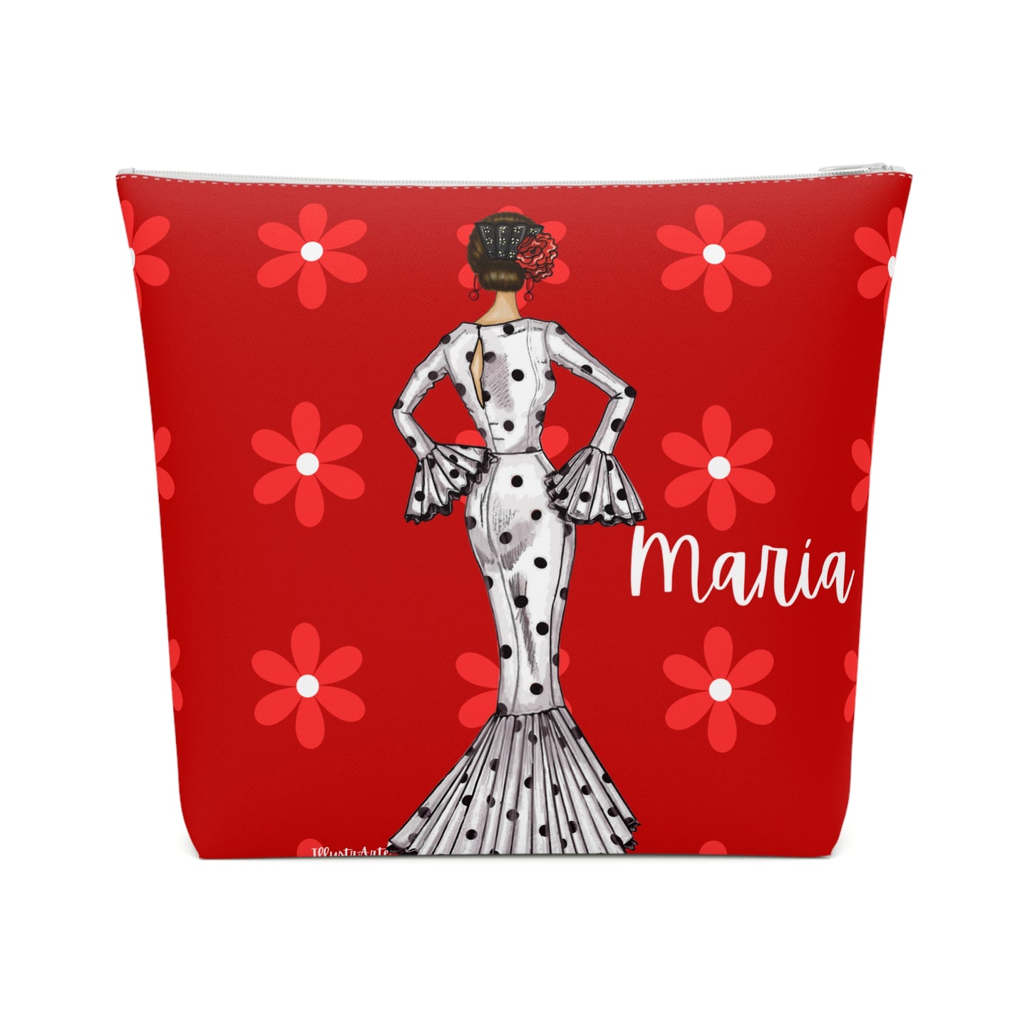 a red cosmetic bag with a picture of a woman in a polka dot dress