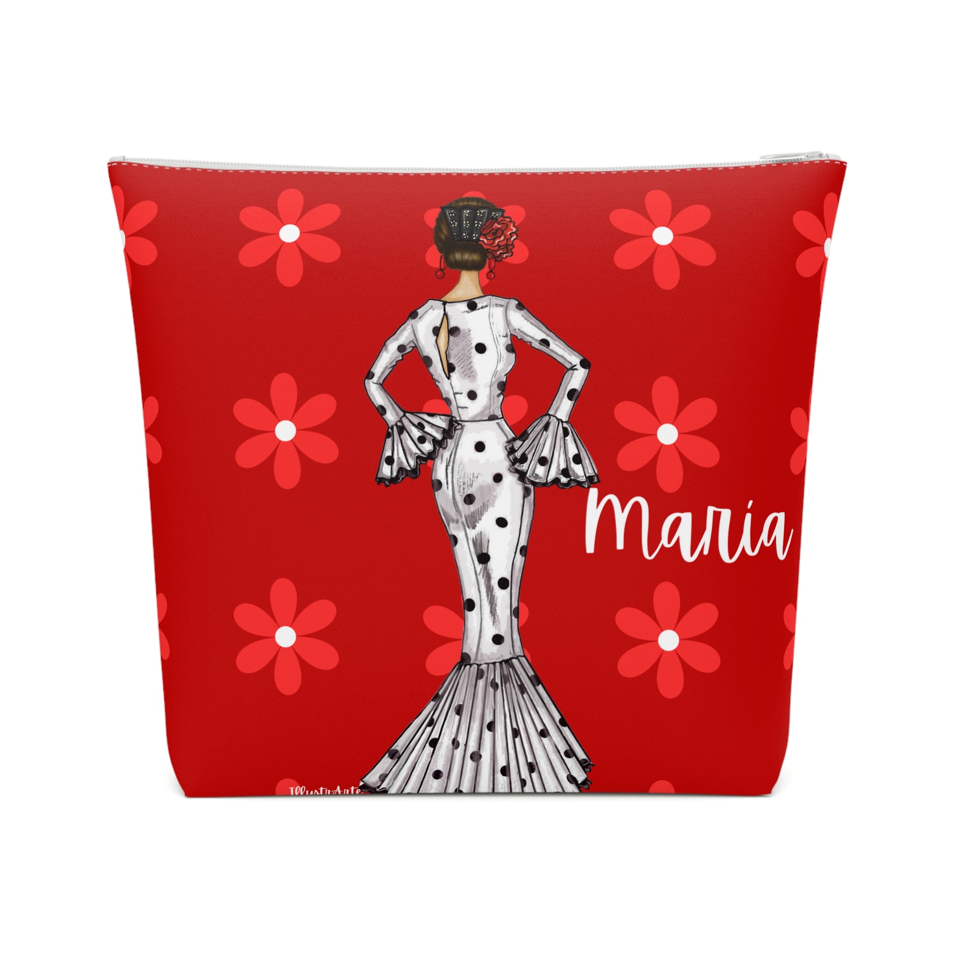 a red cosmetic bag with a picture of a woman in a polka dot dress