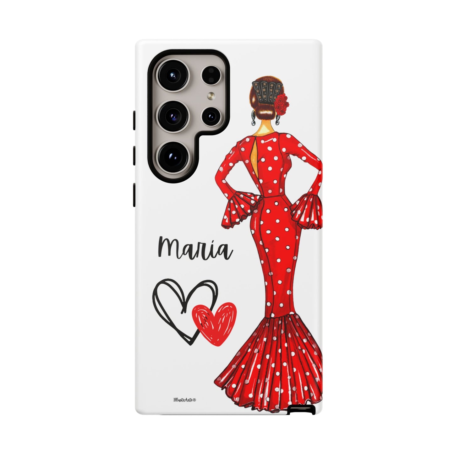 una funda de teléfono con una mujer en un vestido rojo