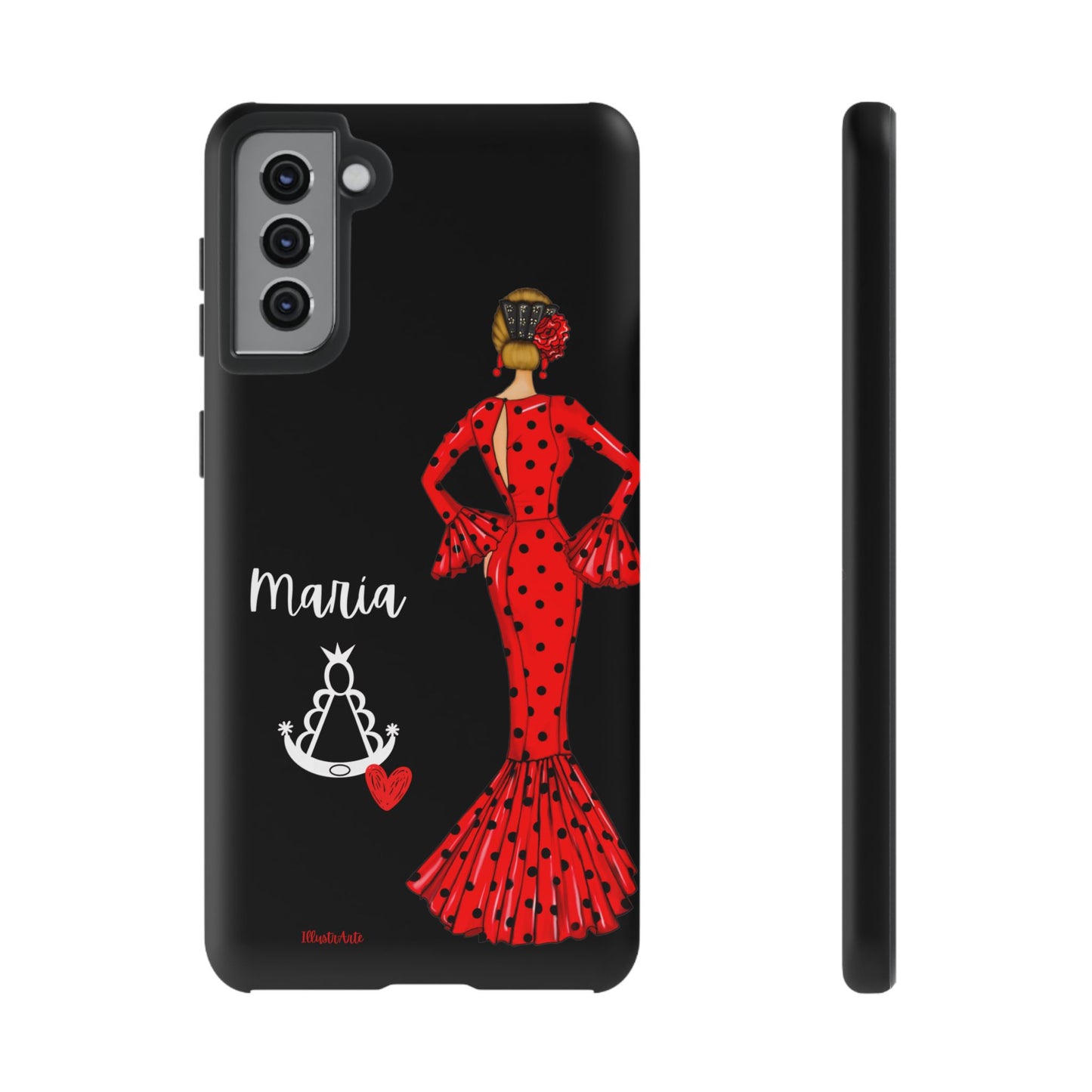 una funda de teléfono con una mujer en un vestido rojo