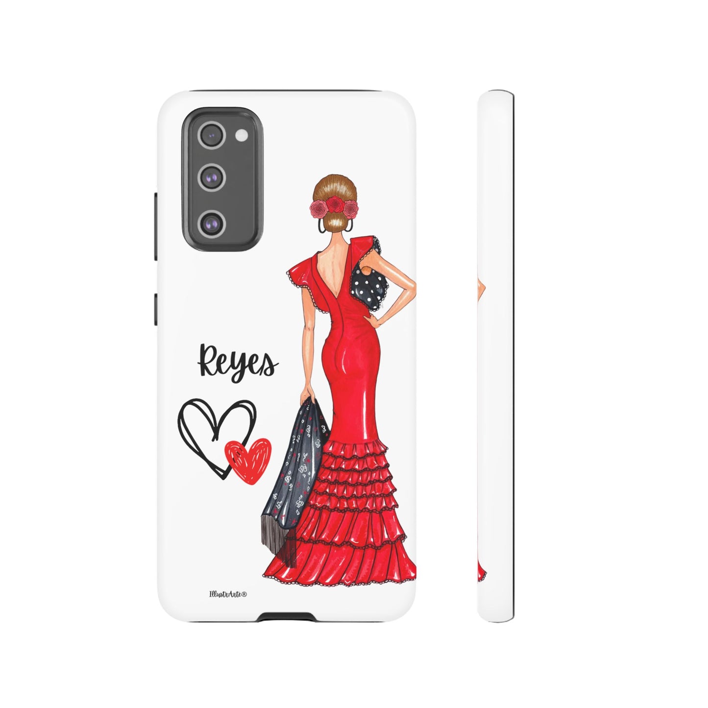 una funda de teléfono con una mujer en un vestido rojo