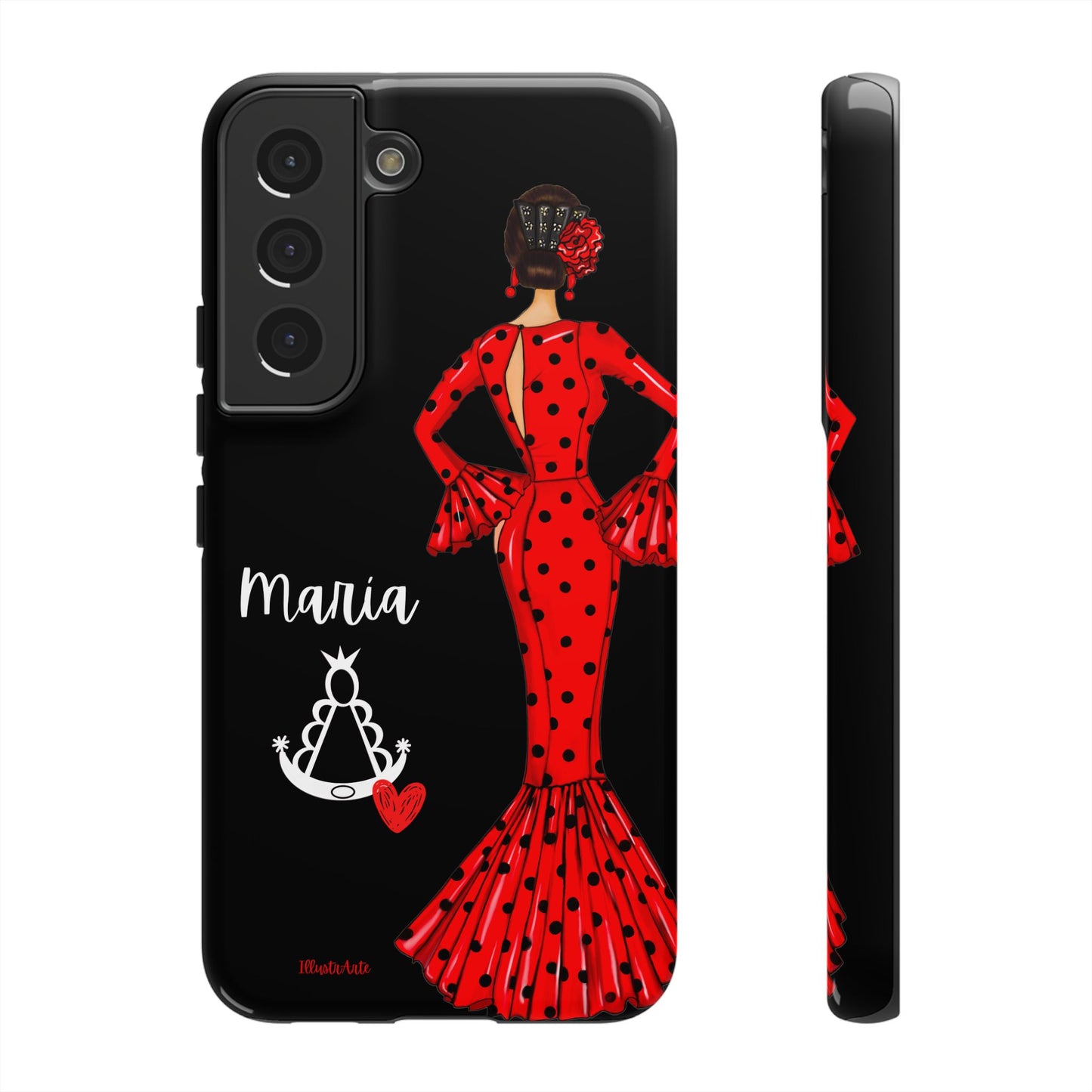 una funda de teléfono con una mujer en un vestido rojo