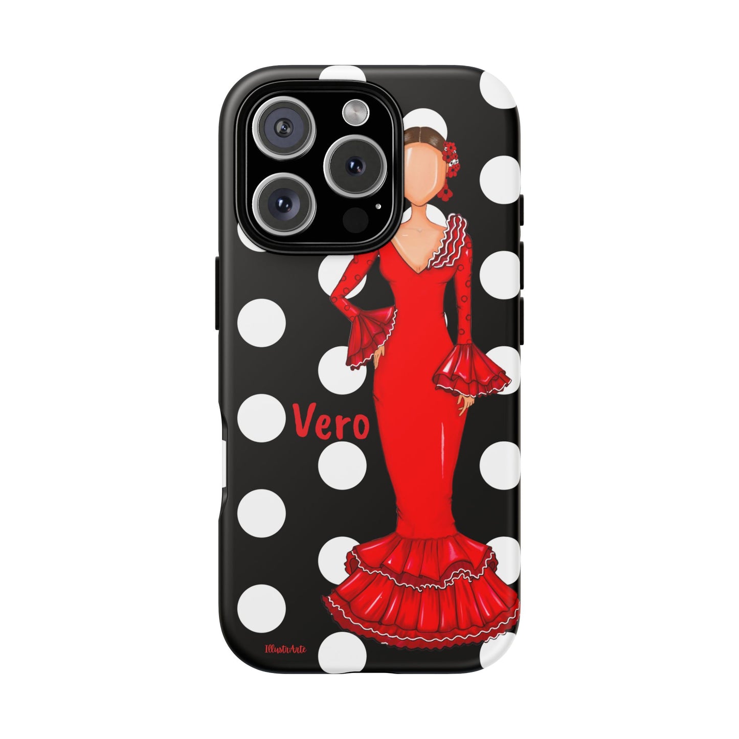 una funda para teléfono con una mujer en un vestido rojo