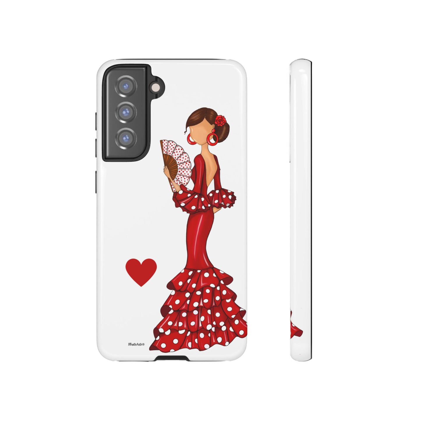 una funda de teléfono con una mujer en un vestido rojo sosteniendo un abanico