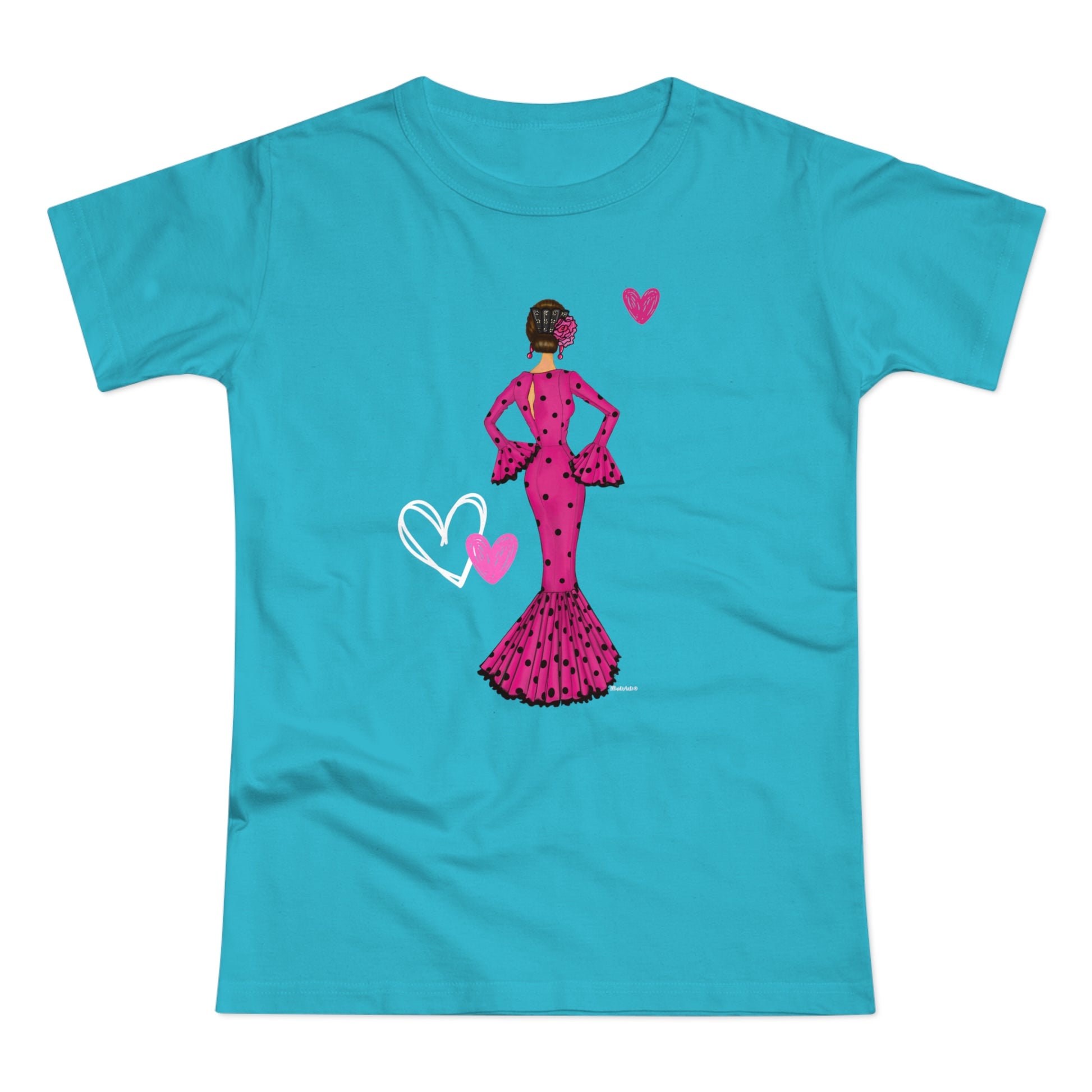 a t - shirt with a woman in a pink dress holding a heart